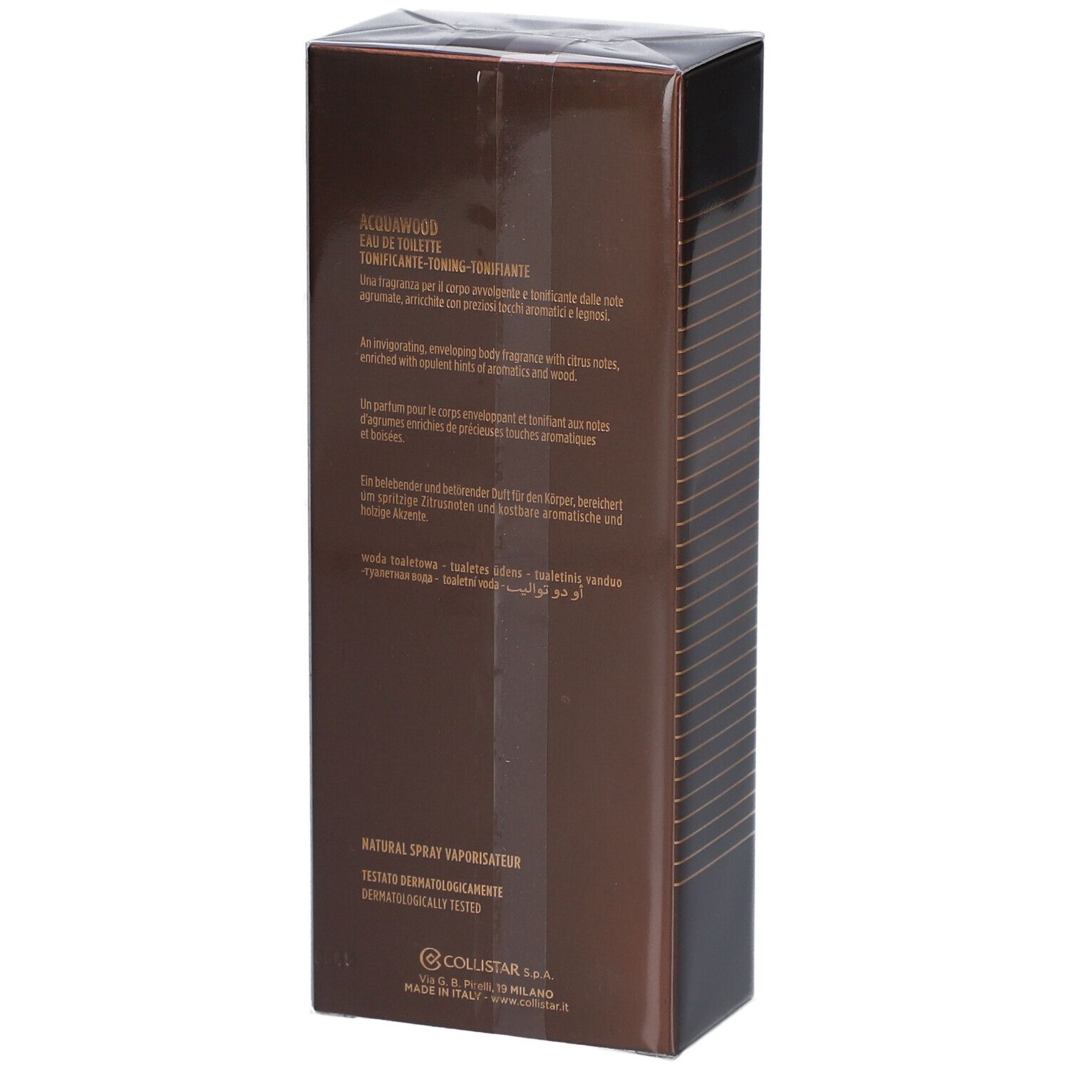 Scatola rettangolare marrone. Testo in inglese, francese, italiano. Acqua Wood, Eau de Toilette.