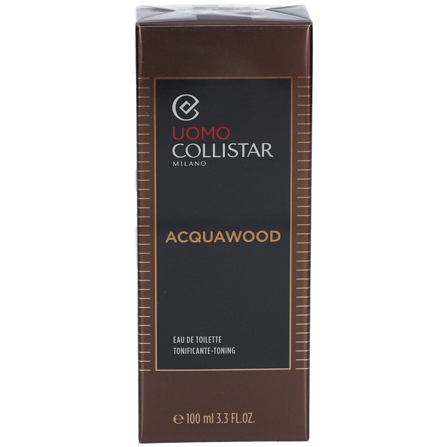 Scatola rettangolare marrone. Uomo Collistar Milano, Acqua Wood, Eau de Toilette. 100 ml.