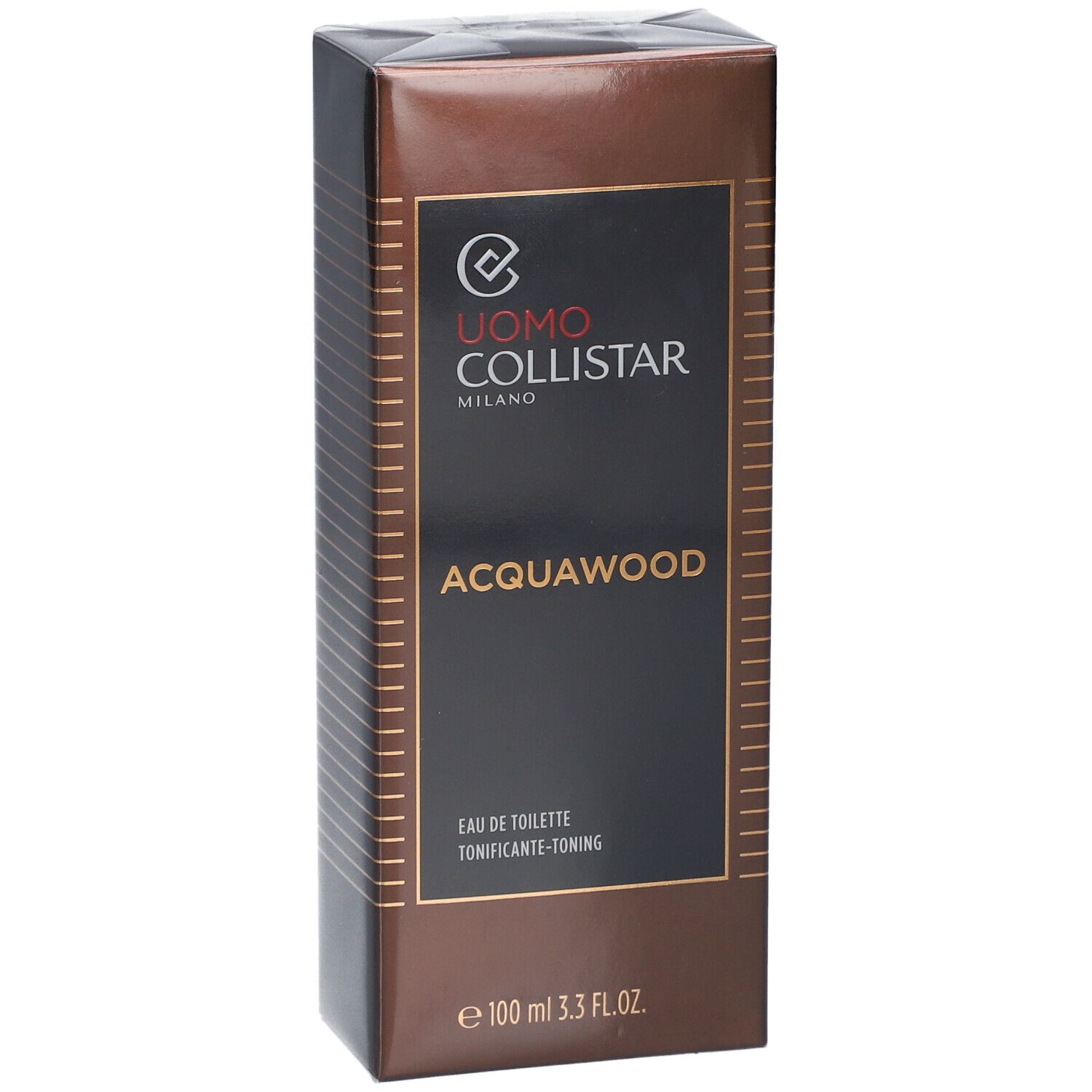Scatola rettangolare marrone. Uomo Collistar Milano, Acqua Wood, Eau de Toilette. 100 ml.