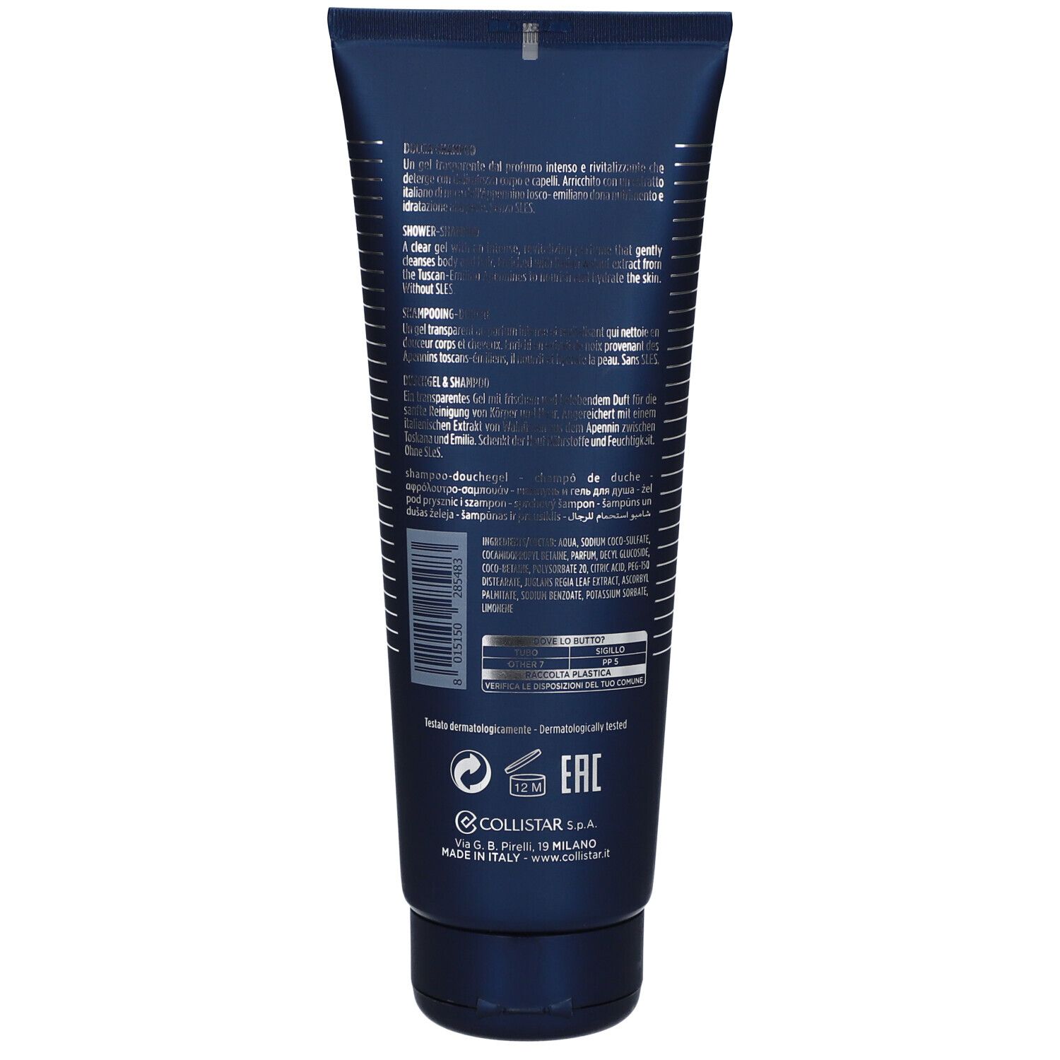 Retro di un tubo blu e nero. Testo: ingredienti, informazioni produttore, codice a barre, loghi.