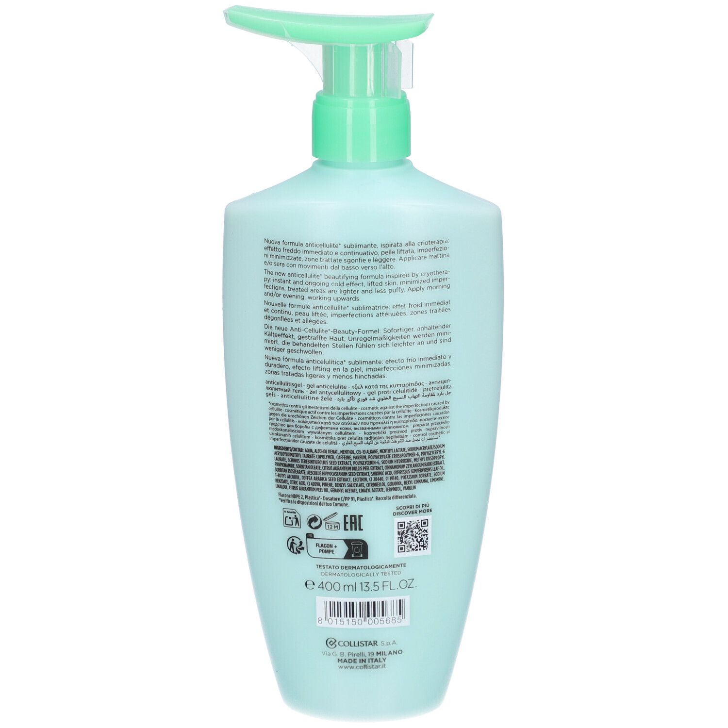 Retro di un flacone verde-azzurro. Testo: Collistar, Crio-Gel, ingredienti, codice EAN, 400 ml, 13.5 FL. OZ.