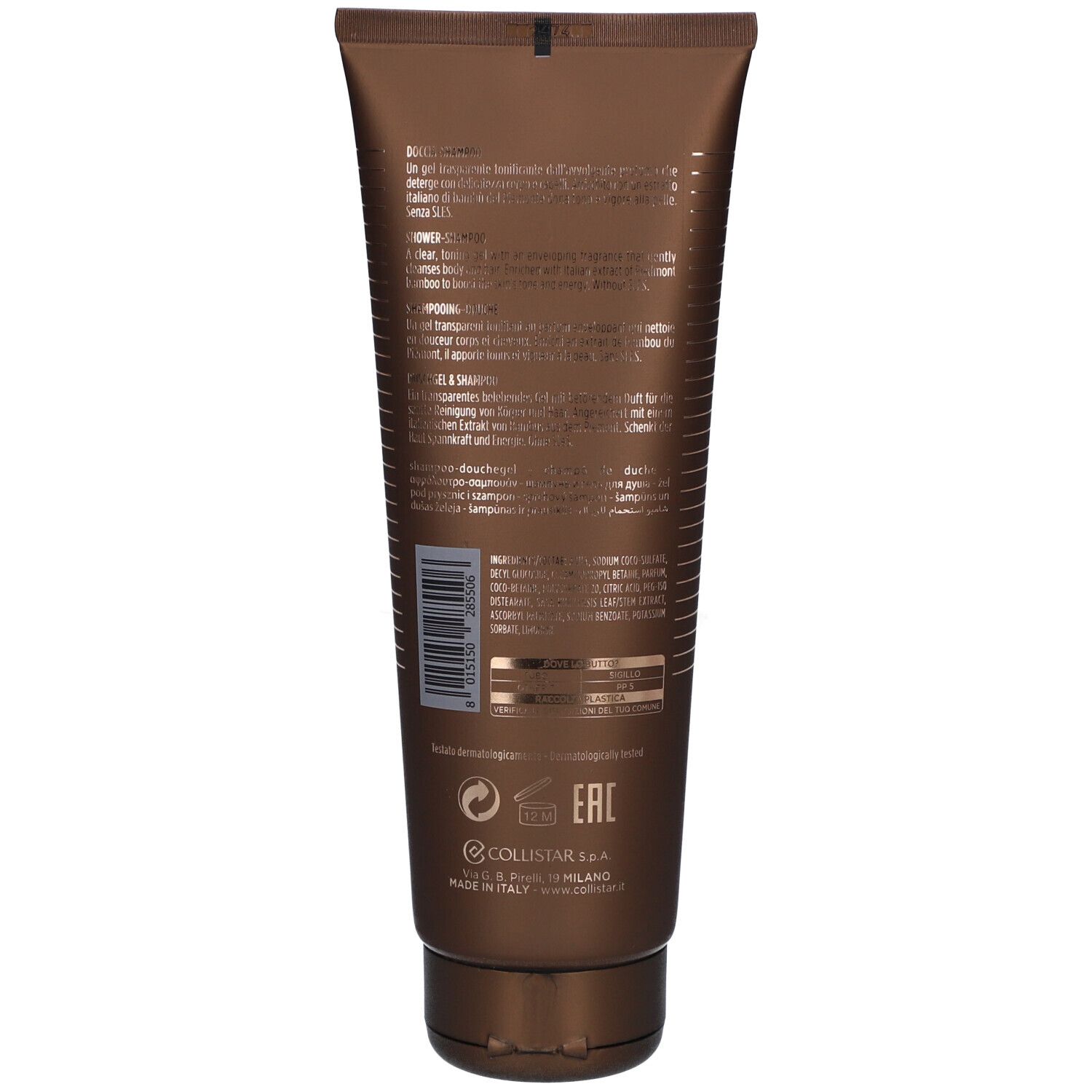 Retro di un tubo marrone. Testo in più lingue. In basso: Collistar S.p.A., Made in Italy, codice EAN.