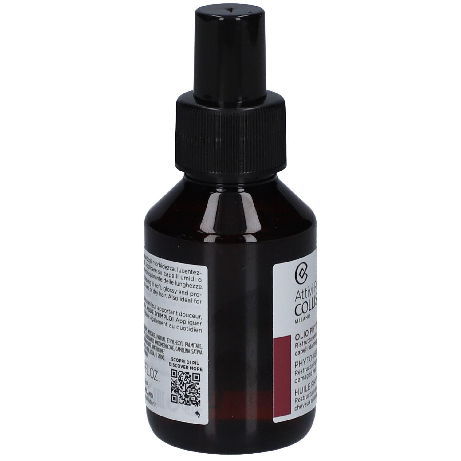 Flacone di vetro marrone con vaporizzatore nero. Retro con testo e codice QR.