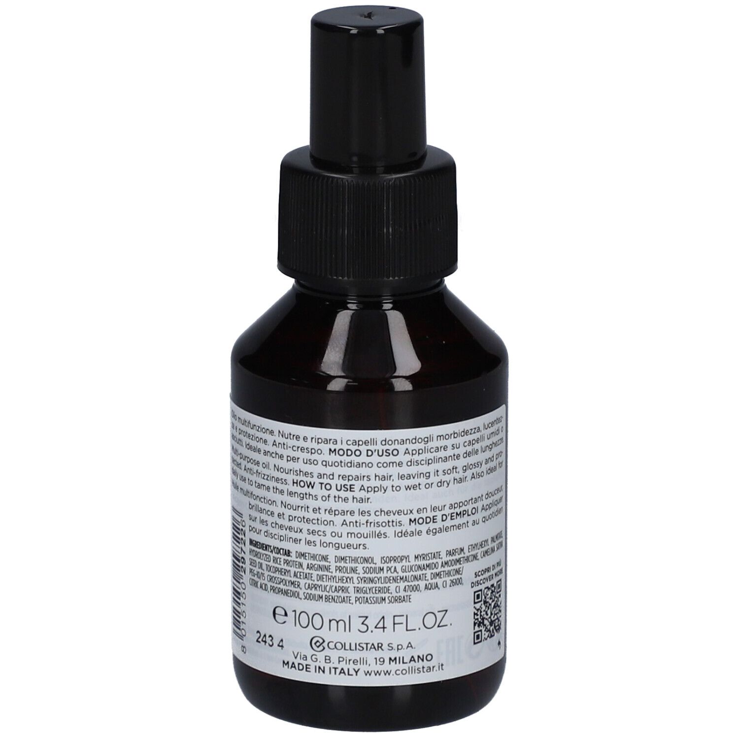 Flacone di vetro marrone con vaporizzatore nero. Retro con testo, ingredienti e codice QR.