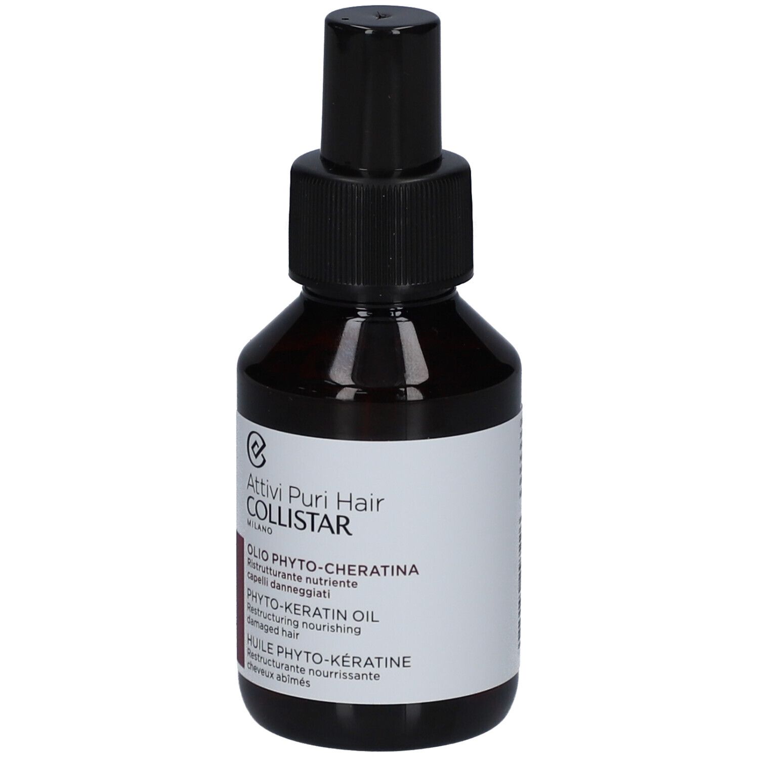 Flacone di vetro marrone con vaporizzatore nero. Etichetta con nome del prodotto e marchio Collistar.