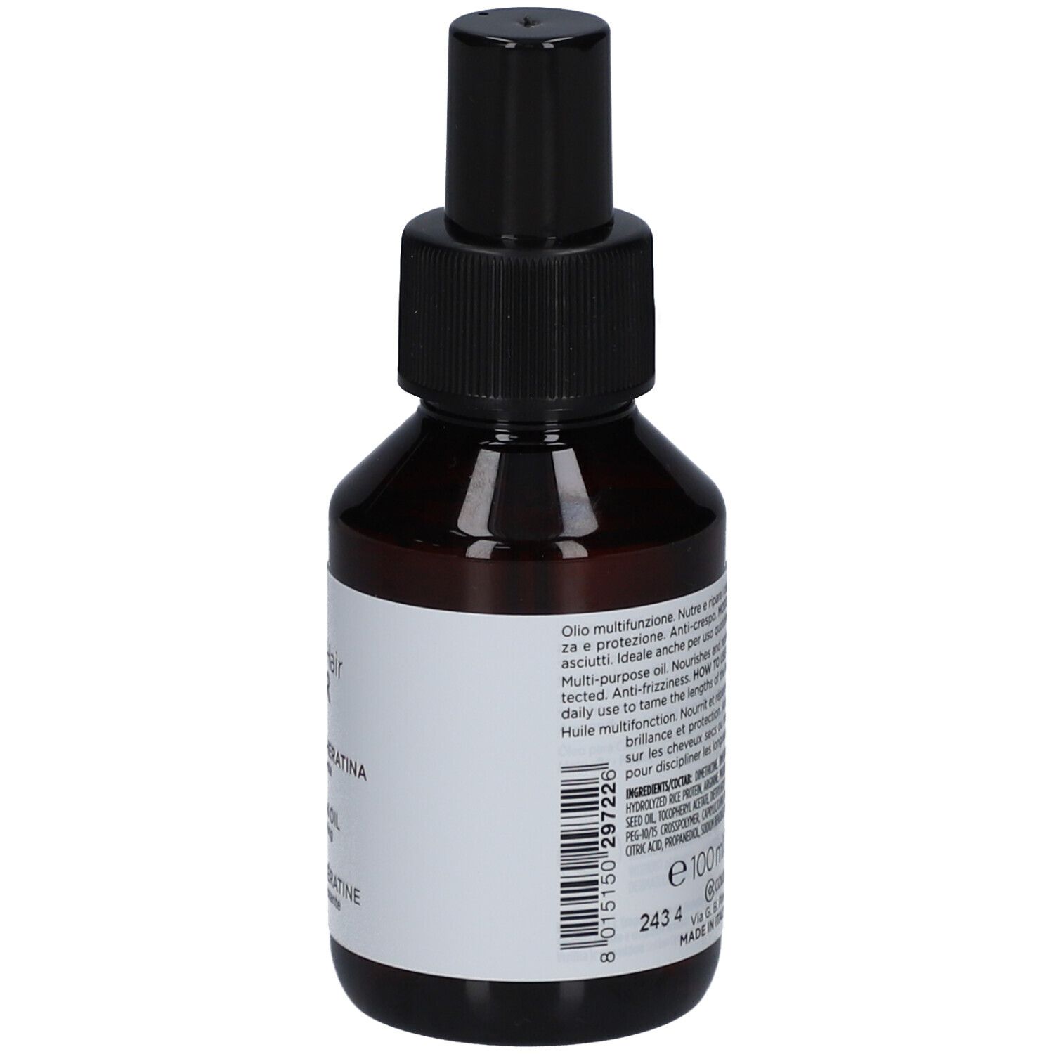 Flacone di vetro marrone con vaporizzatore nero. Etichetta con nome del prodotto e marchio Collistar.