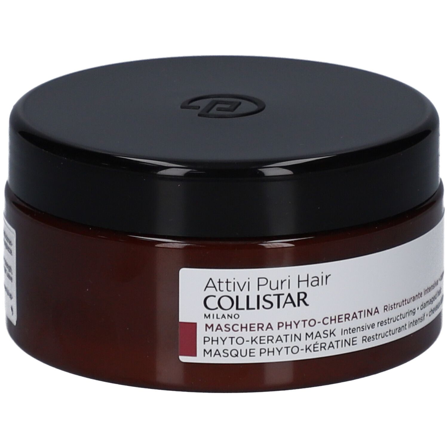 Barattolo marrone con coperchio nero. Scritta: Attivi Puri Hair Collistar, Maschera Phyto-Cheratina.