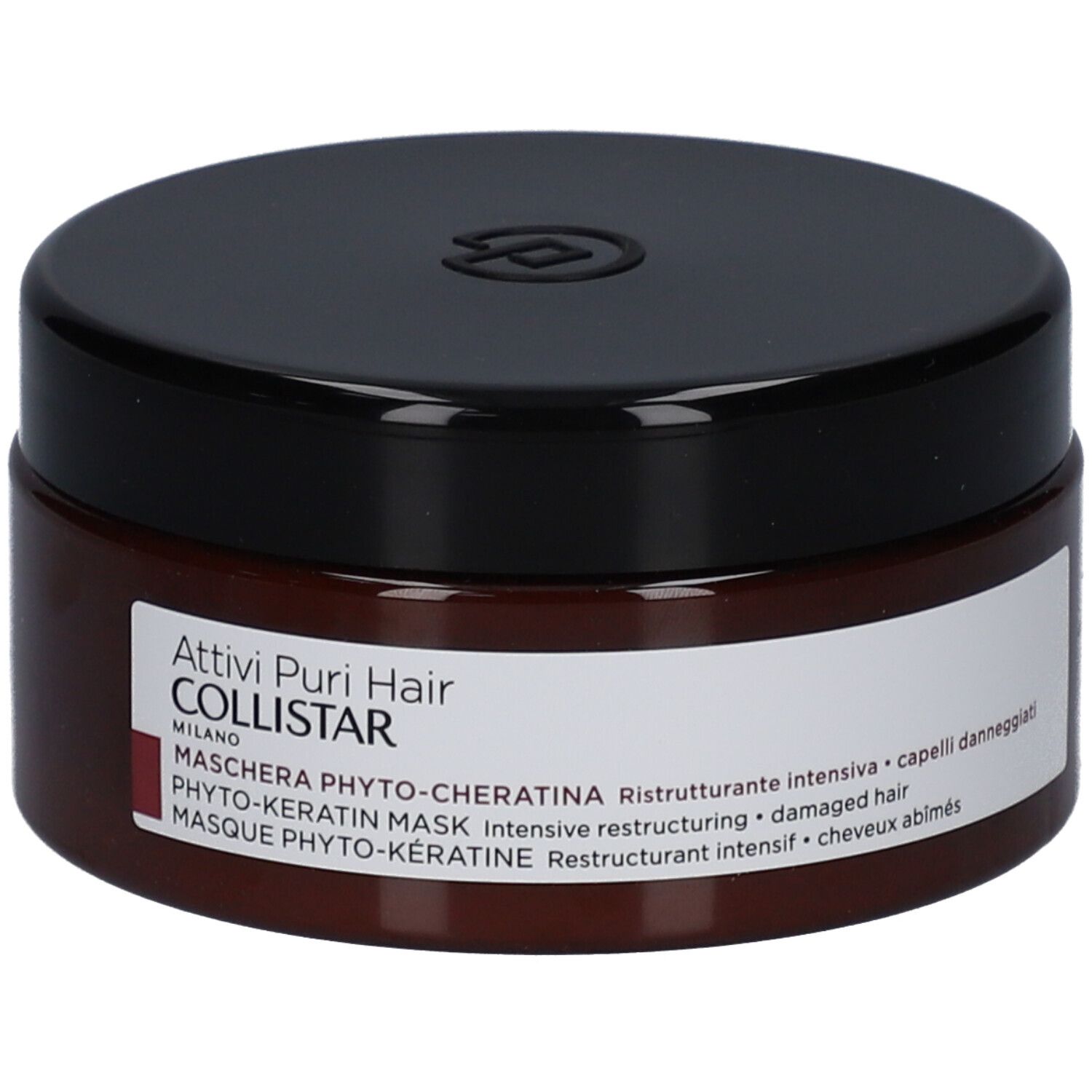 Barattolo marrone con coperchio nero. Scritta: Attivi Puri Hair Collistar, Maschera Phyto-Cheratina.