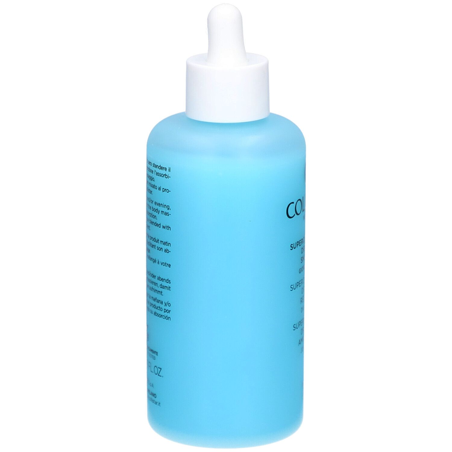 Flacone blu con tappo bianco e pipetta. Testo sul retro. Marchio COLLISTAR.