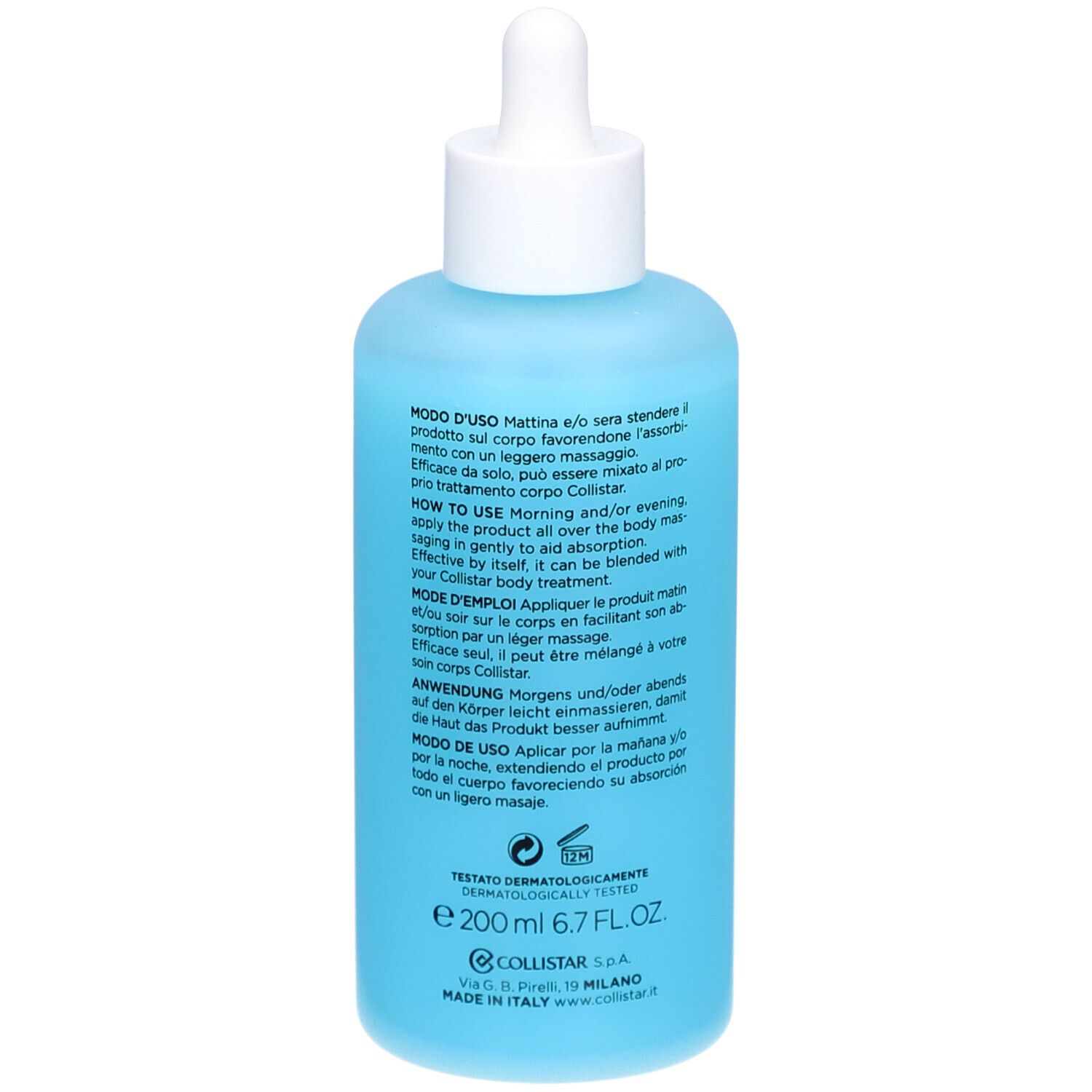 Flacone blu con tappo bianco e pipetta. Testo sul retro. Marchio COLLISTAR.