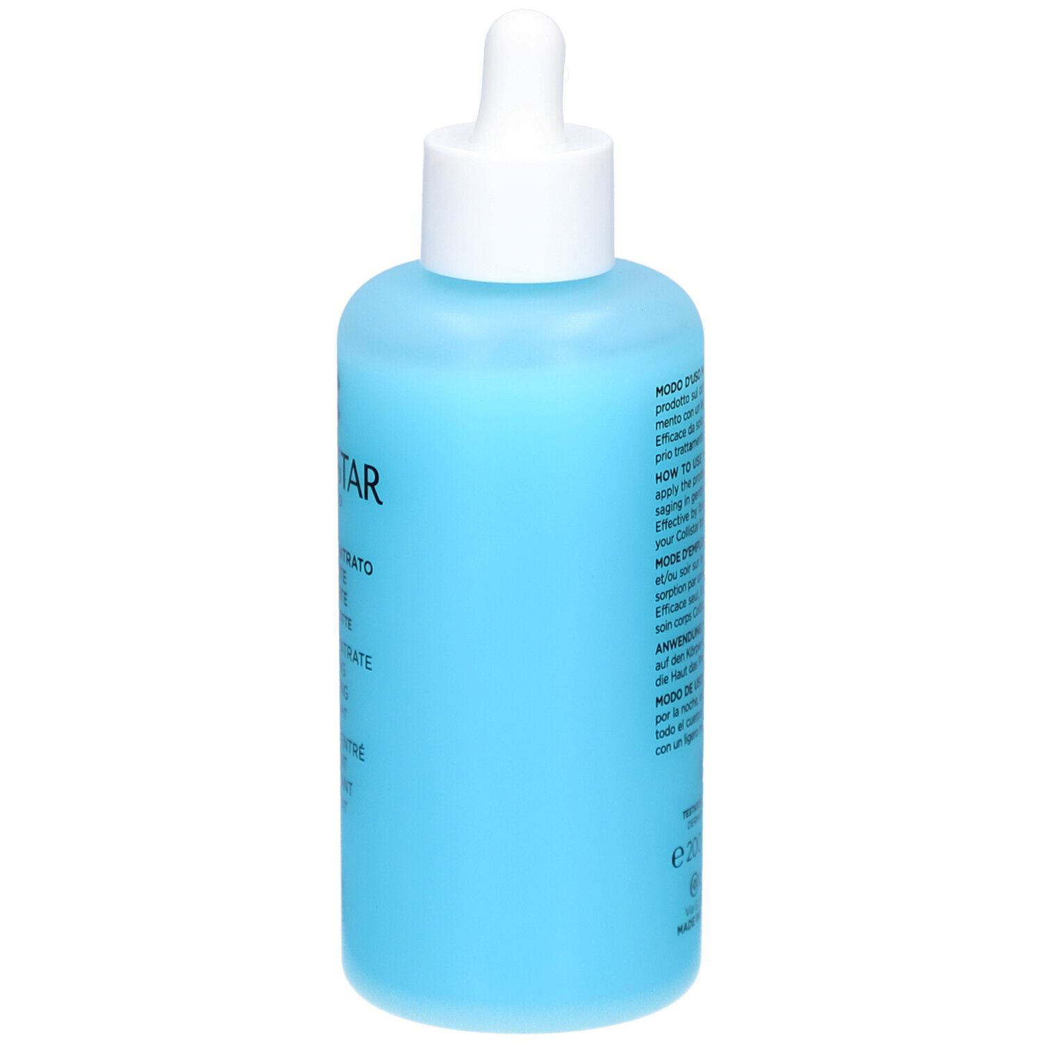Flacone blu con tappo bianco e pipetta. Testo sul retro. Marchio COLLISTAR.