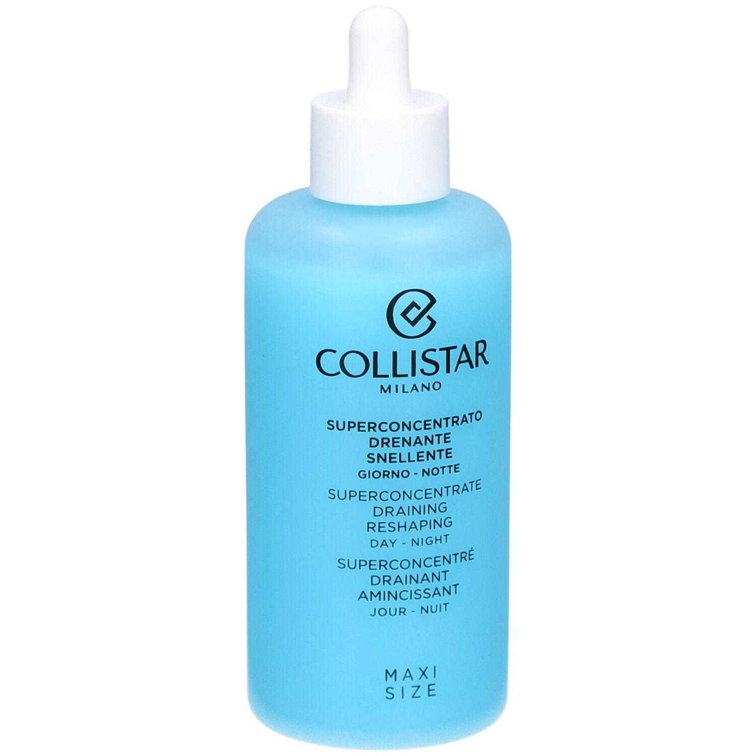Flacone blu con tappo bianco e pipetta. Scritta: COLLISTAR, SUPERCONCENTRATO Drenante Snellente.