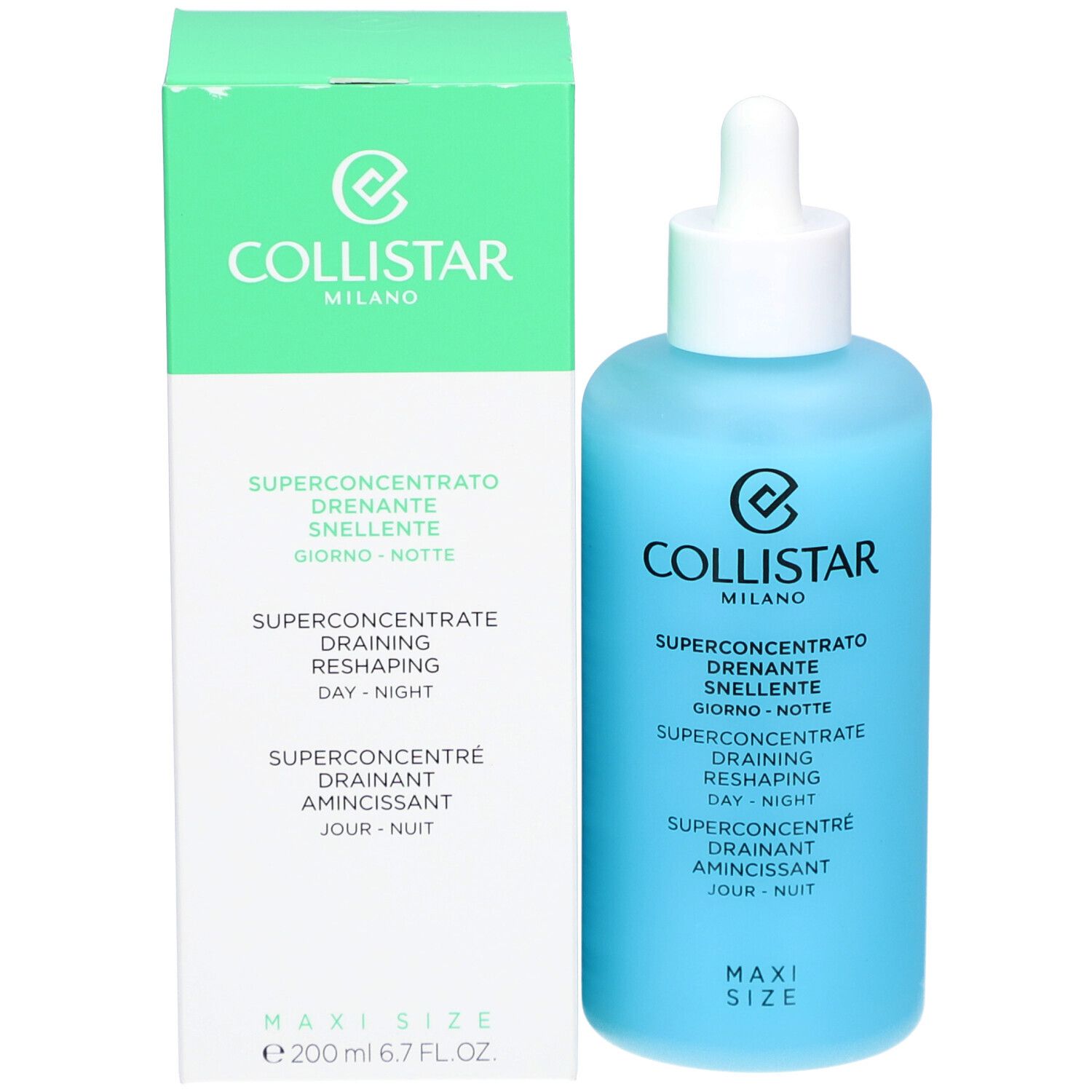 Flacone blu con tappo bianco e pipetta accanto a confezione verde. Marchio COLLISTAR.