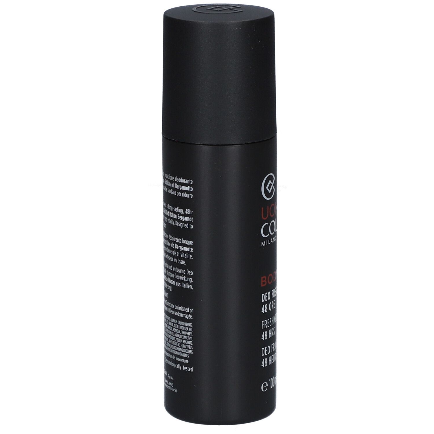 Flacone deodorante nero con testo. Marchio: Uomo Collistar. Testo: Body, Deo Freschezza 48 Ore, 100 ml. Retro con testo.