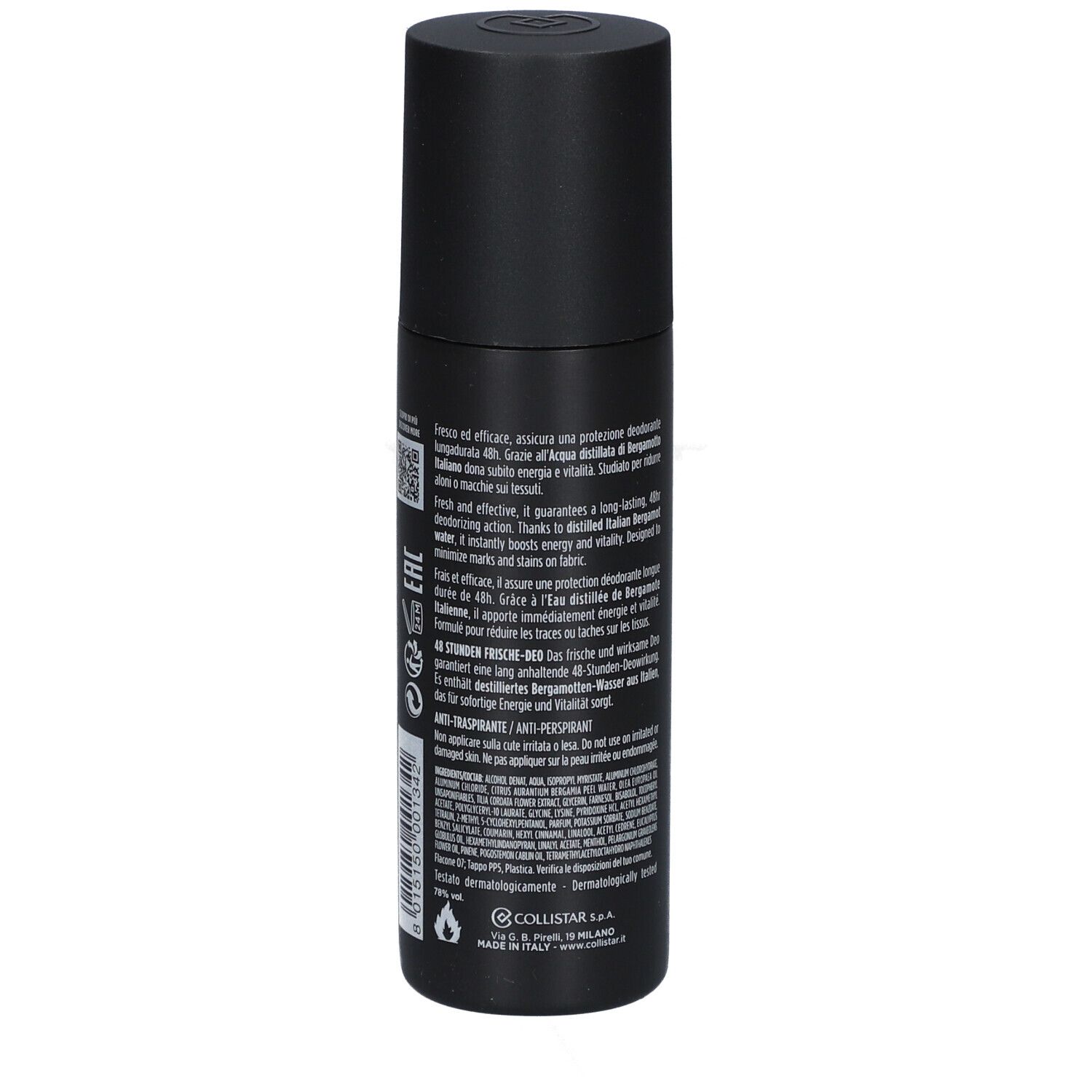 Flacone deodorante nero con testo. Marchio: Uomo Collistar. Testo: Body, Deo Freschezza 48 Ore, 100 ml. Retro con testo.