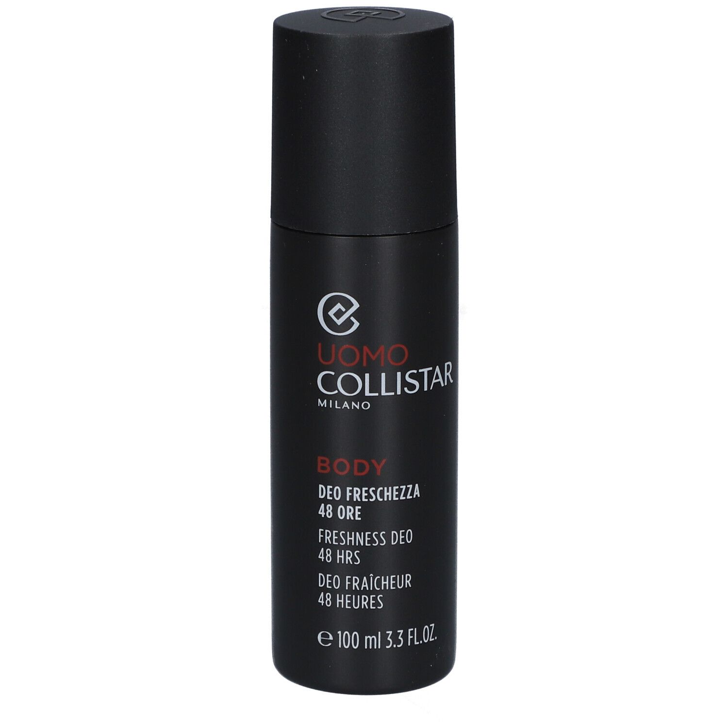 Flacone deodorante nero con testo bianco. Marchio: Uomo Collistar. Testo: Body, Deo Freschezza 48 Ore, 100 ml.