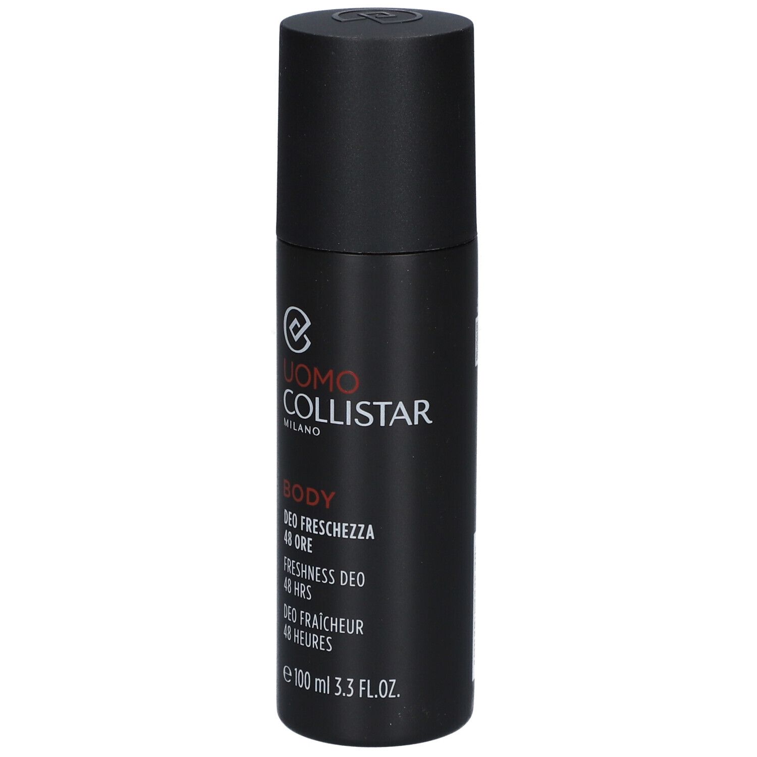 Flacone deodorante nero con testo bianco. Marchio: Uomo Collistar. Testo: Body, Deo Freschezza 48 Ore, 100 ml.