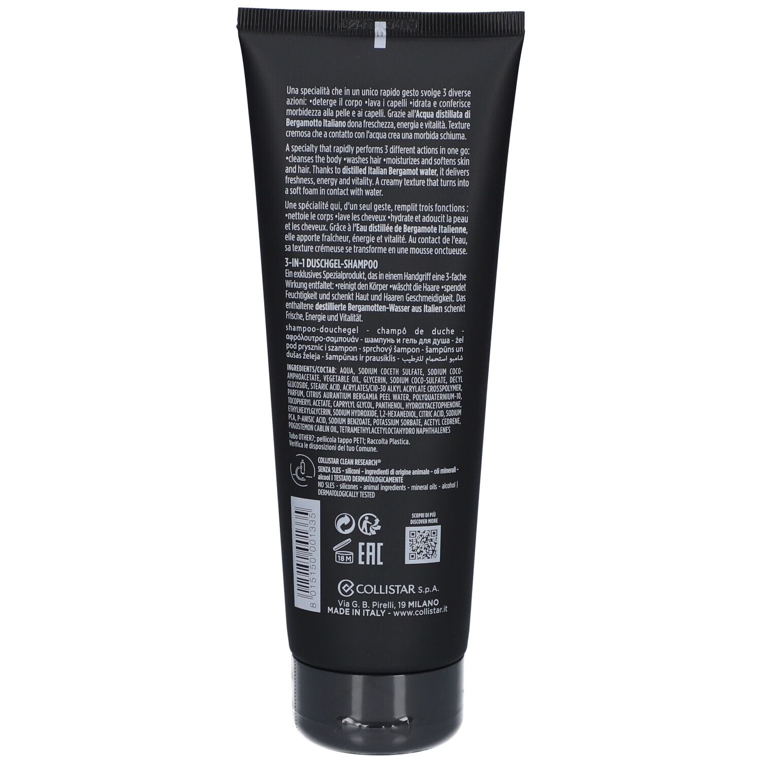 Retro di un tubo nero. Testo multilingue, tra cui francese, tedesco e italiano. Ingredienti.