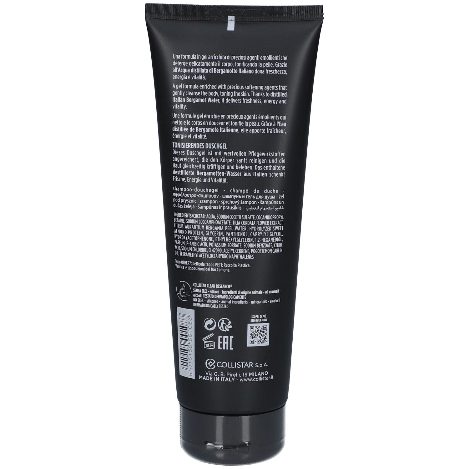 Retro di un tubo nero. Testo in più lingue, tra cui tedesco, italiano e francese.