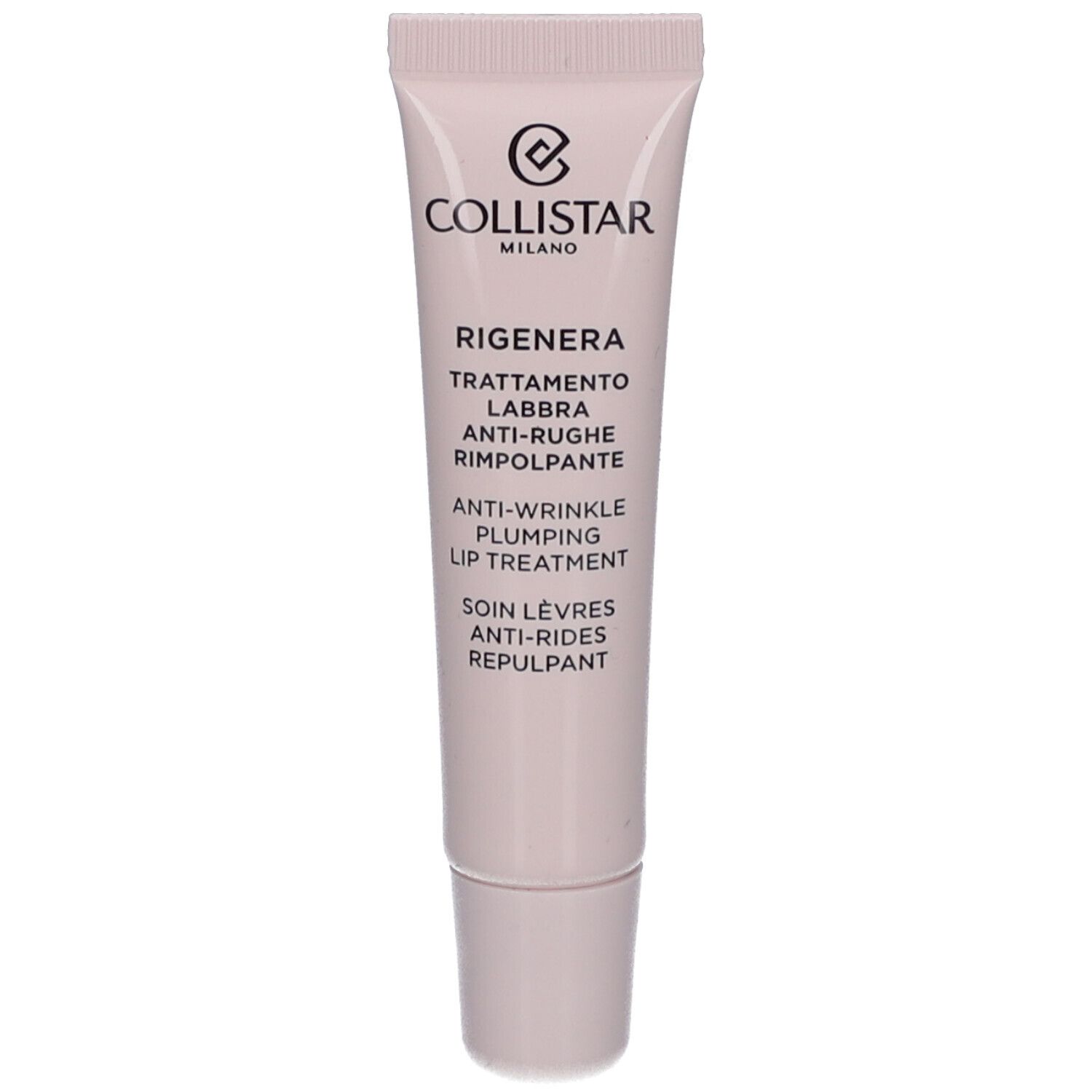 Tubo rosa con testo bianco. Contiene trattamento labbra antirughe. Marchio Collistar Milano.