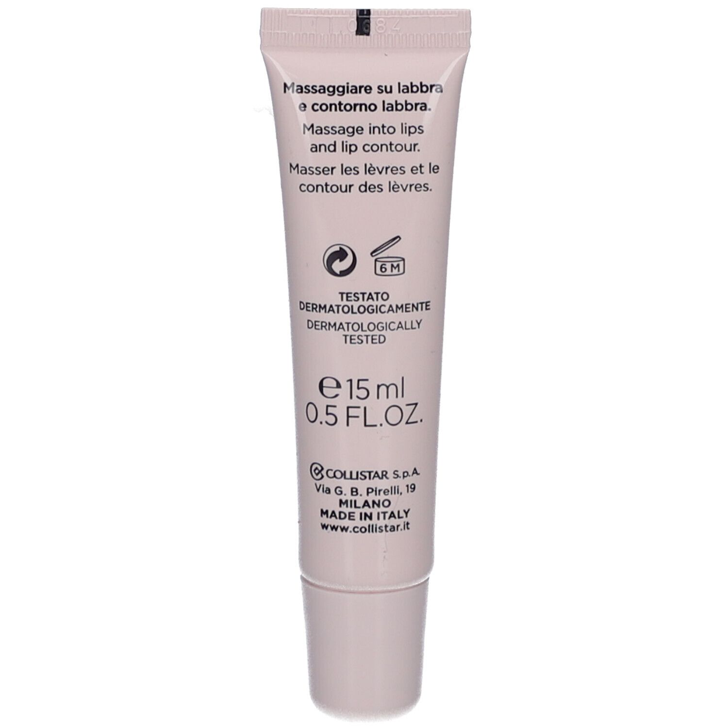 Retro del tubo. Contiene informazioni sull'uso e test dermatologico.