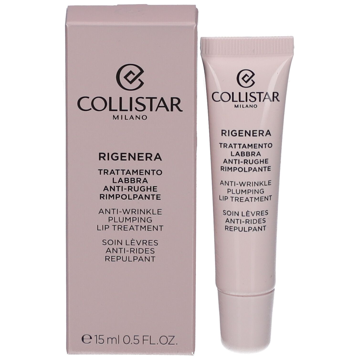 Scatola e tubo rosa. Contiene trattamento labbra antirughe. Marchio Collistar Milano.