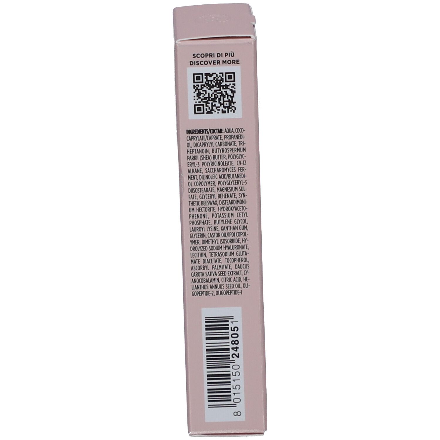Lato della scatola. Contiene informazioni sugli ingredienti e un codice QR.