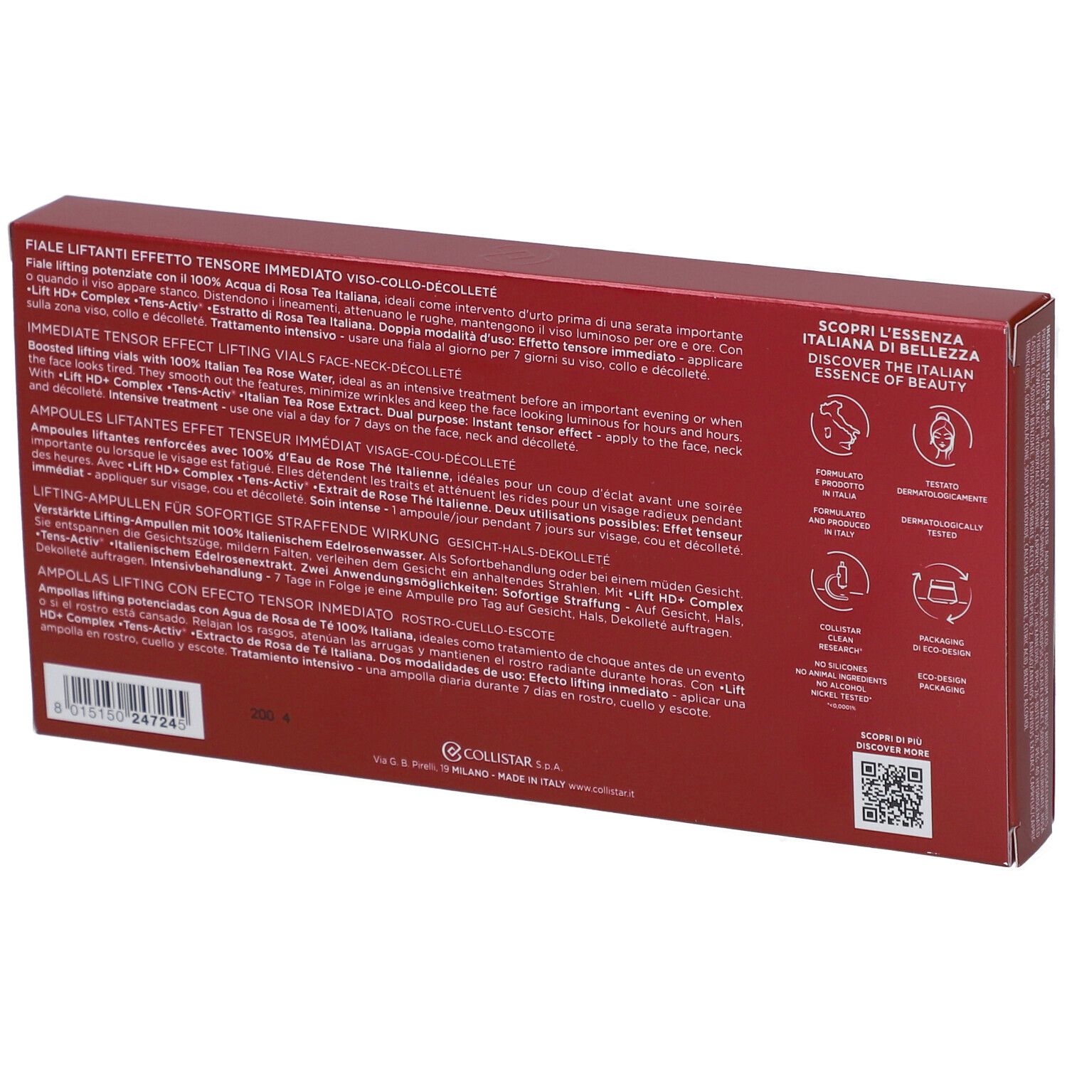 Retro della scatola rossa. Testo multilingue. Marchio: Collistar Milano. Codice QR e loghi.