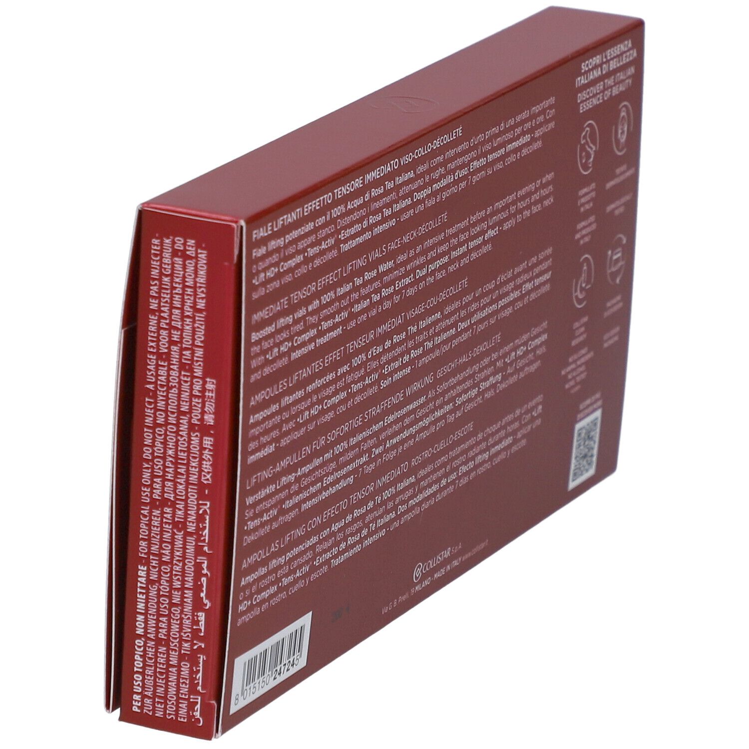 Retro della scatola rossa. Testo multilingue. Marchio: Collistar Milano. Codice QR e loghi.