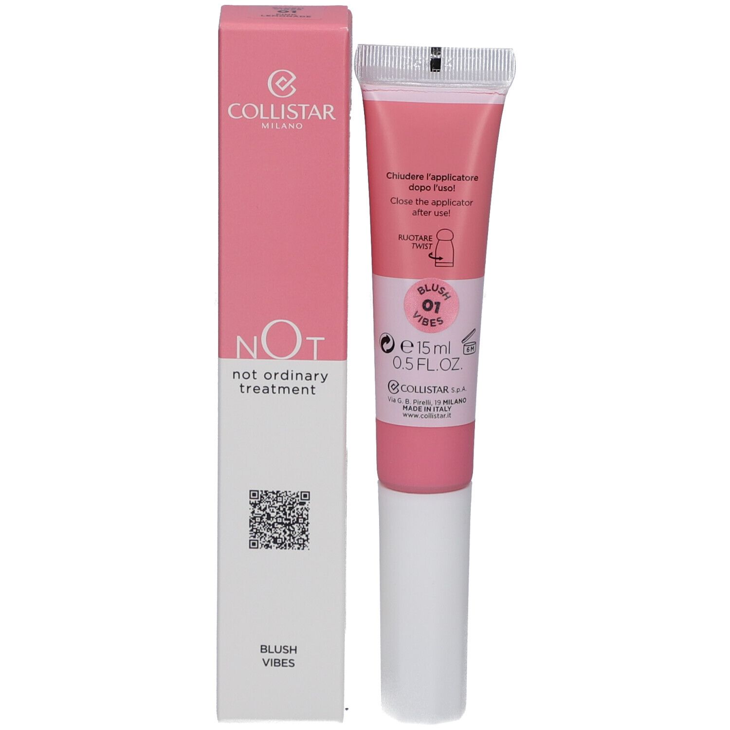 Confezione e tubo rosa. Testo: Collistar, NOT, Blush Vibes. Tubo con applicatore.