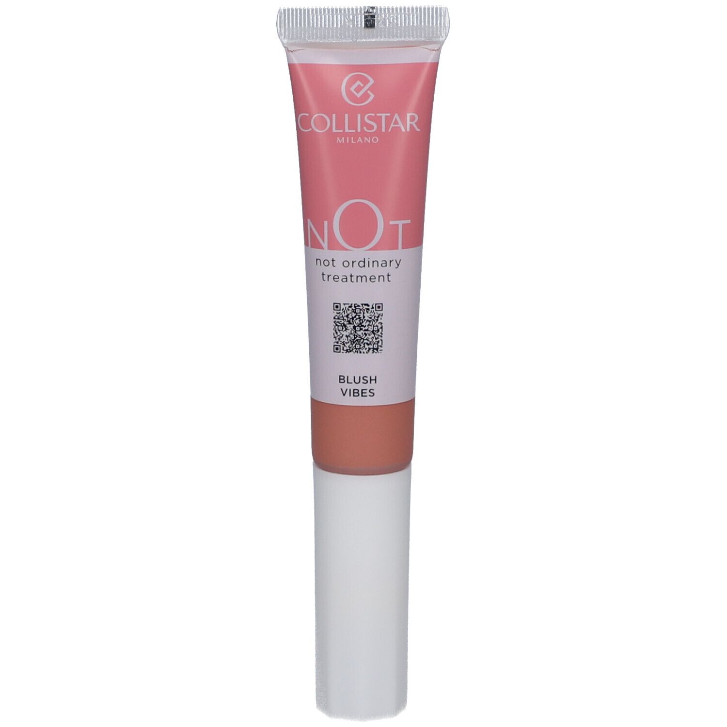 Tubo di blush rosa. Scritta: Collistar, NOT, Blush Vibes. Codice QR. Applicatore bianco.