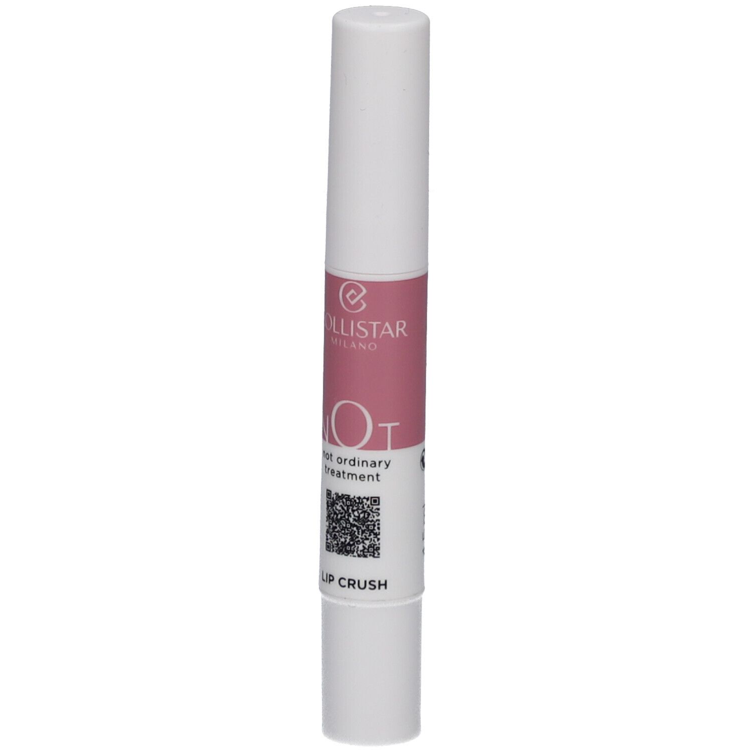 Stick labbra bianco con sezione rosa. Scritta: NOT, not ordinary treatment, LIP CRUSH. Marchio: Collistar.