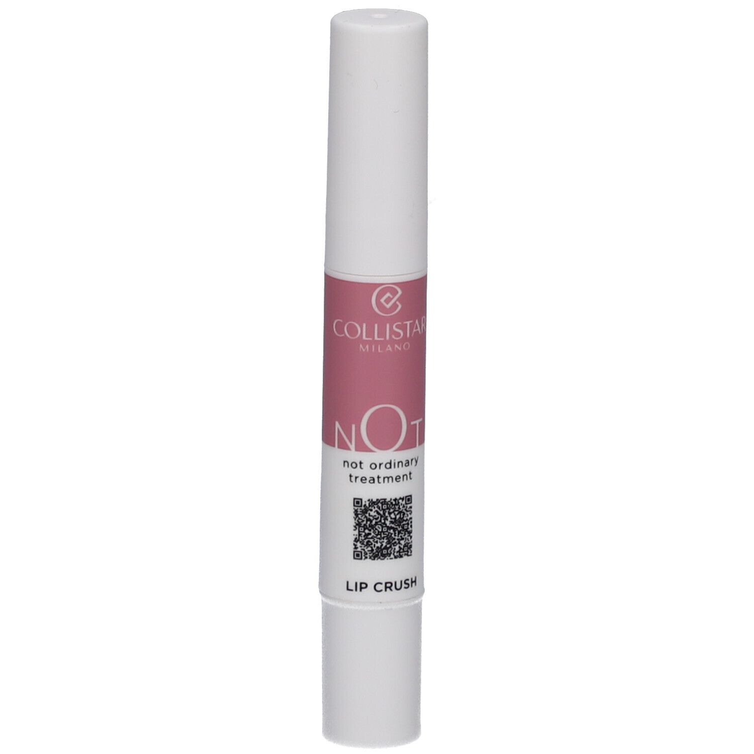 Stick labbra bianco con sezione rosa. Scritta: NOT, not ordinary treatment, LIP CRUSH. Marchio: Collistar.