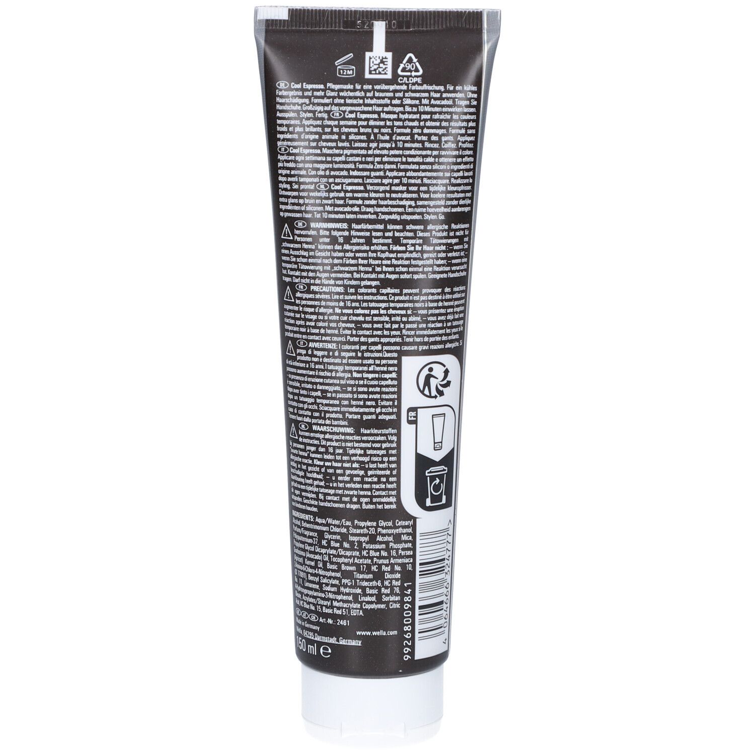 Retro del tubo Wella Color Fresh Mask Cool Espresso. Testo con ingredienti e istruzioni per l'uso. Informazioni in più lingue.