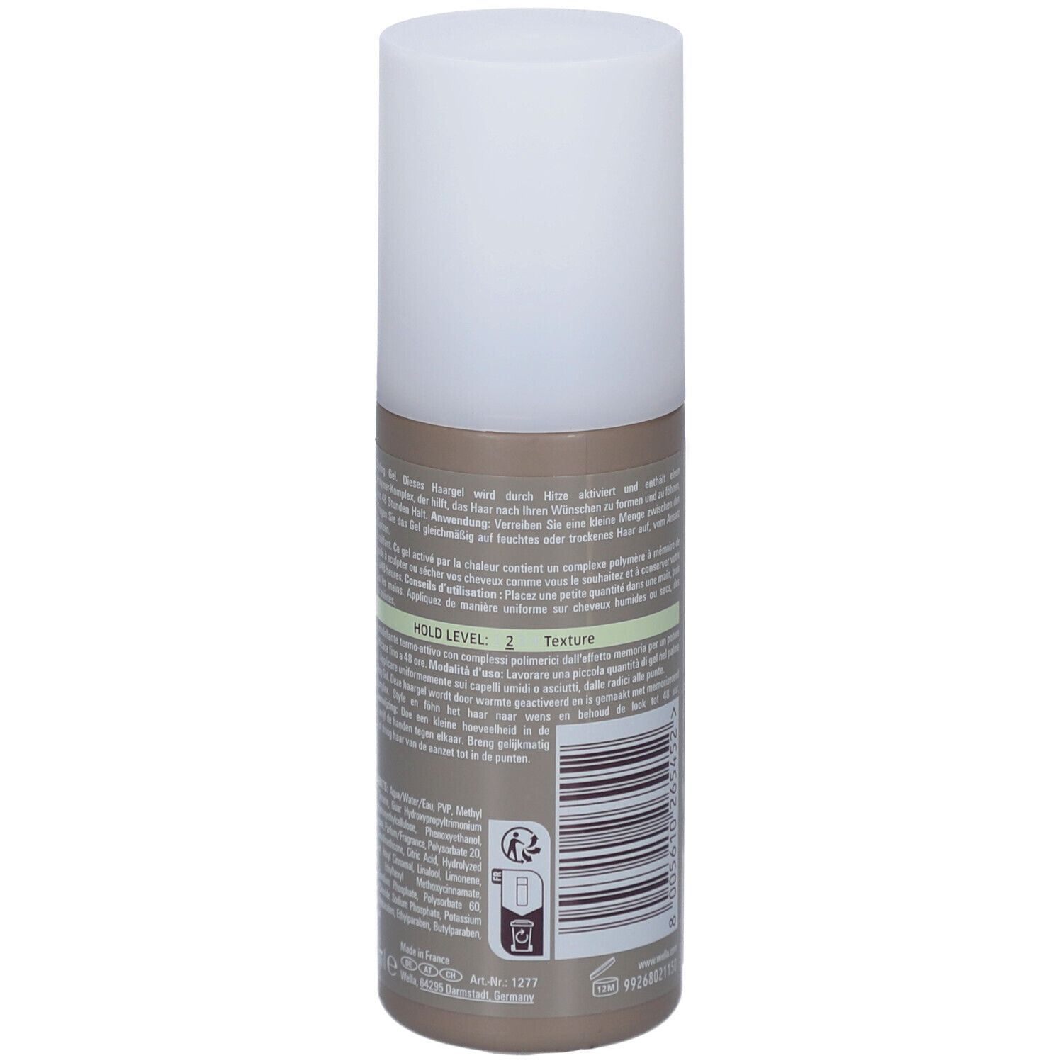 Retro del flacone di gel per capelli Wella EIMI Shape Me. Testo con informazioni sul prodotto e livello di tenuta 2.