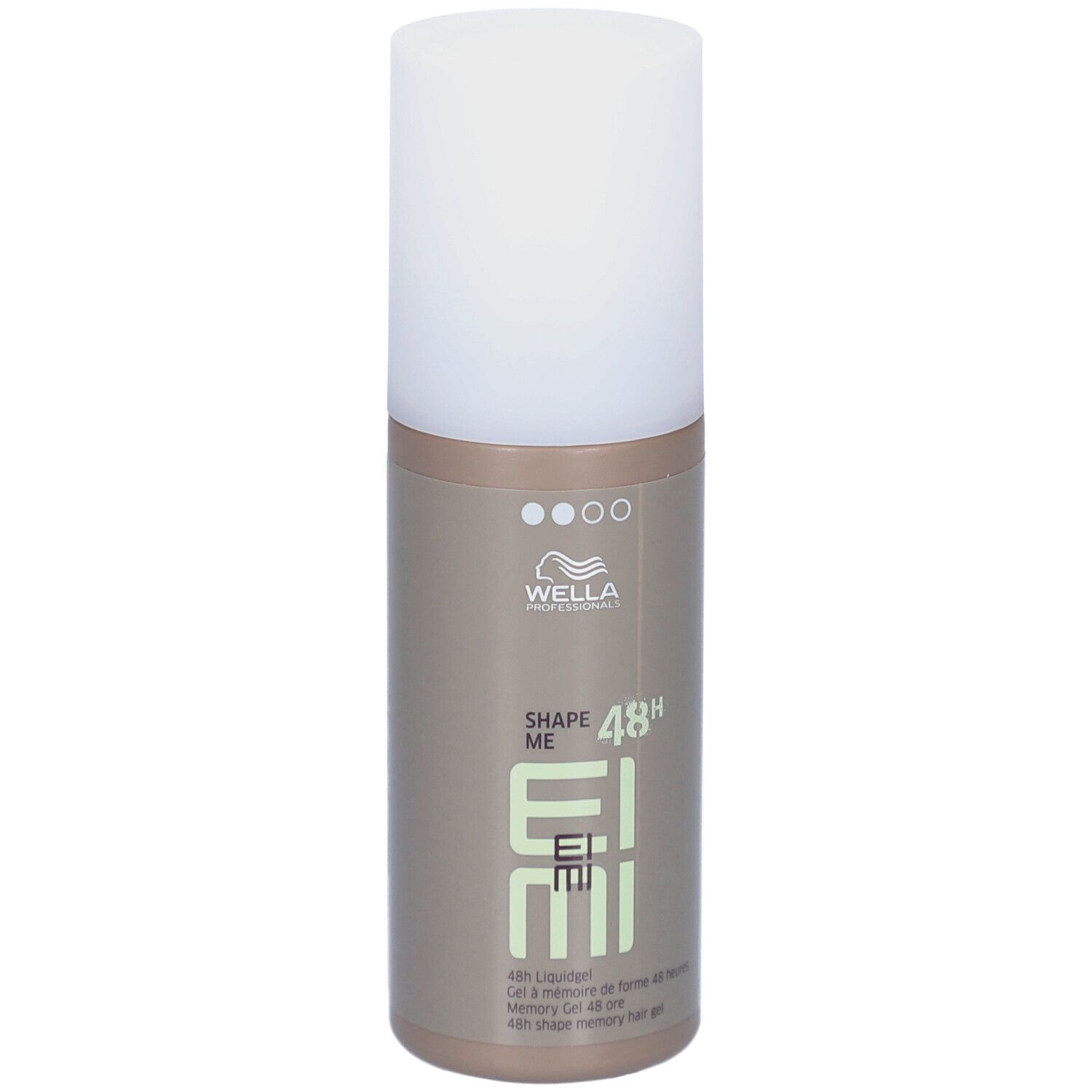 Wella EIMI Shape Me. Gel per capelli in flacone cilindrico con tappo bianco. Flacone marrone con informazioni sul prodotto.