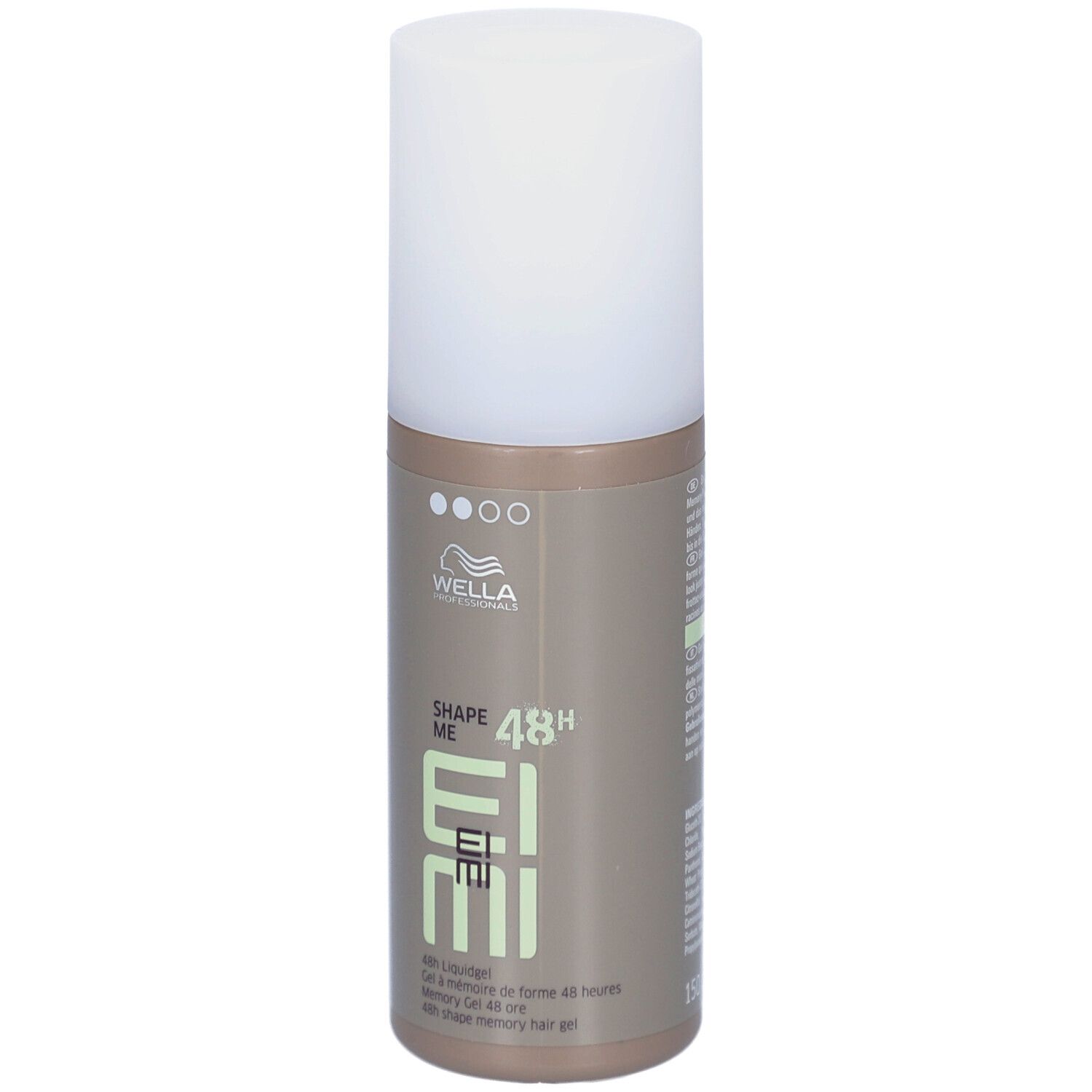 Wella EIMI Shape Me. Gel per capelli in flacone cilindrico con tappo bianco. Flacone marrone con informazioni sul prodotto.