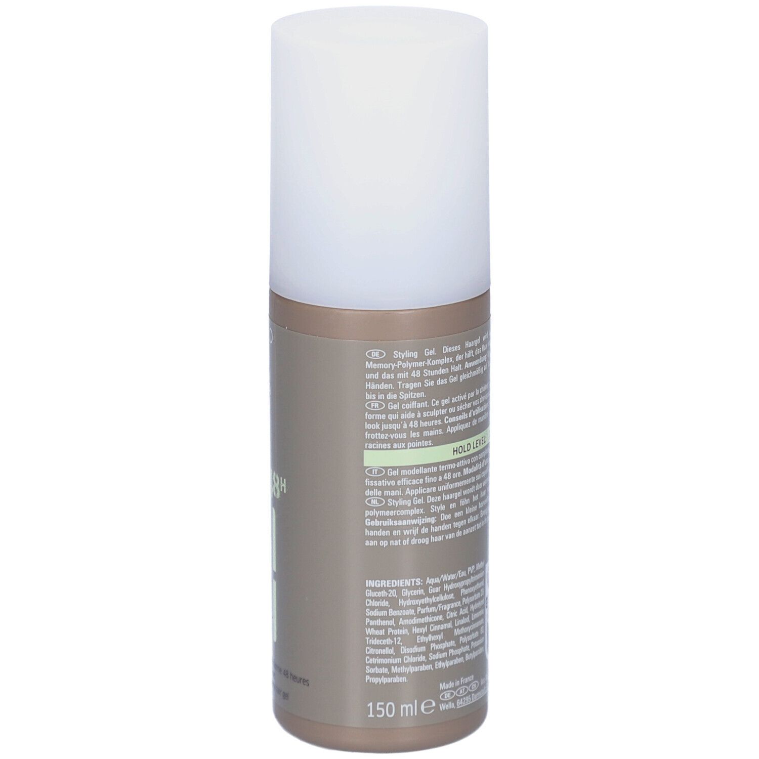 Retro del flacone di gel per capelli Wella EIMI Shape Me. Testo con informazioni sul prodotto e ingredienti.