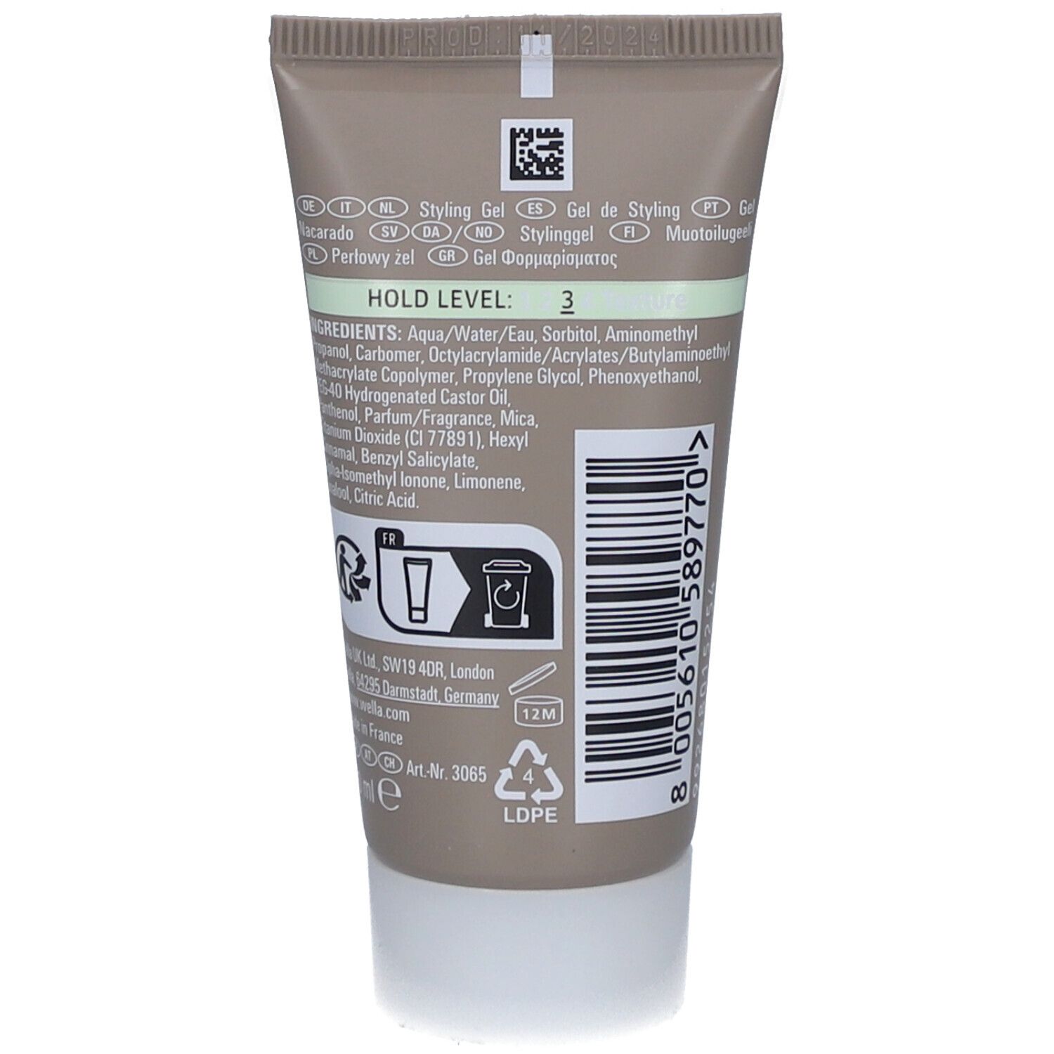 Retro del tubo di gel Wella Eimi Pearl Styler. Ingredienti e informazioni visibili.