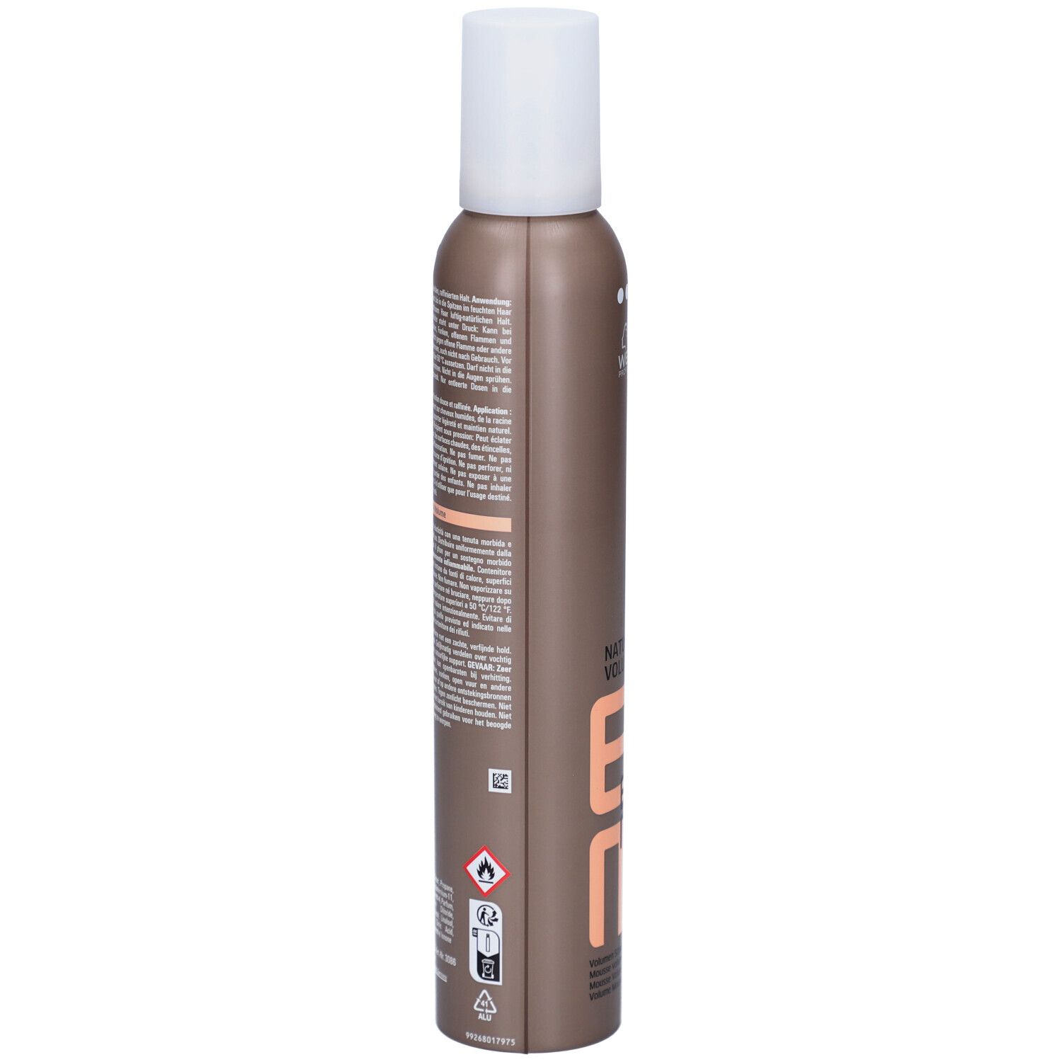Flacone di mousse per capelli. Contenitore marrone con testo e avvertenze. Tappo bianco.
