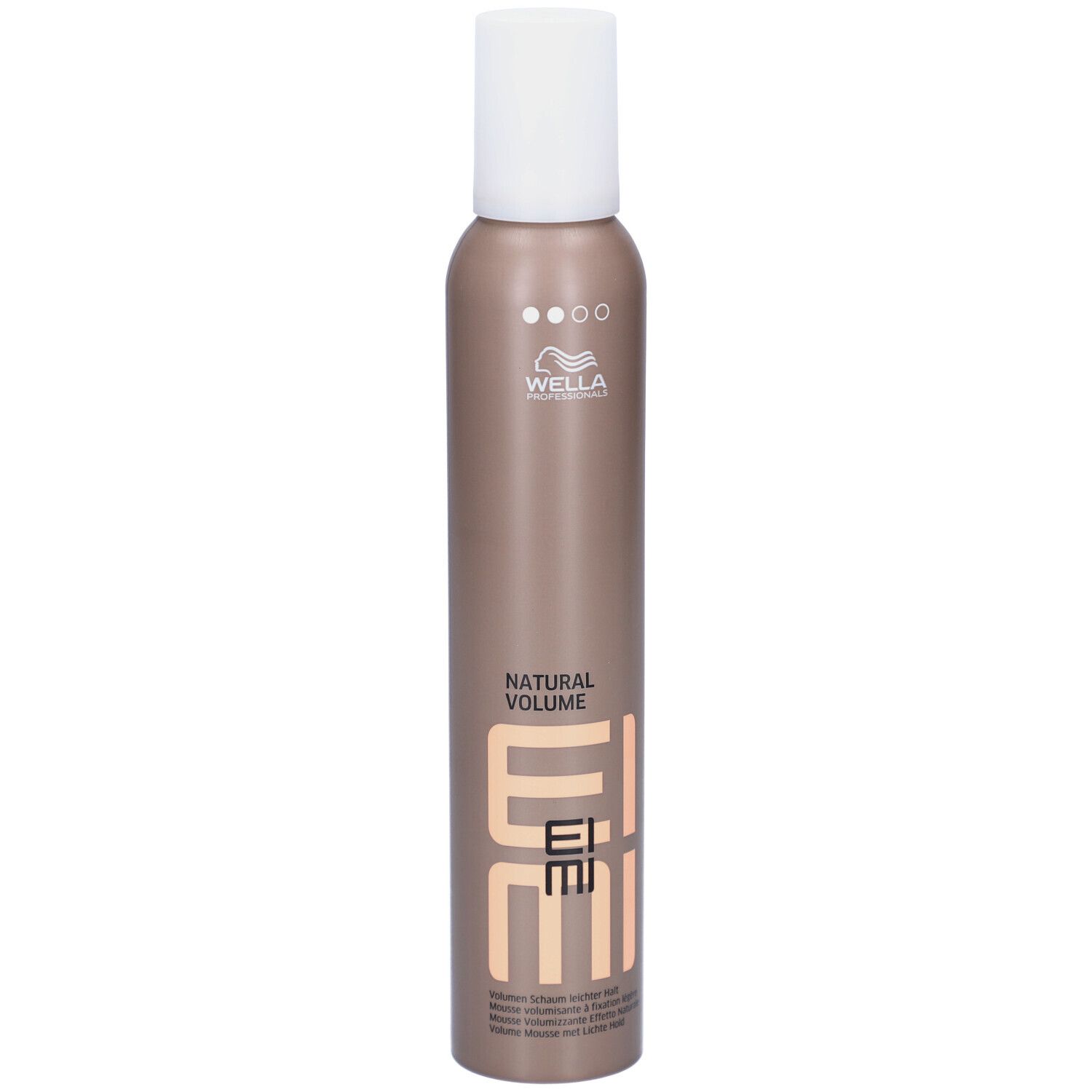 Flacone di mousse per capelli. Tappo bianco, contenitore marrone con scritta EIMI, NATURAL VOLUME e logo Wella.