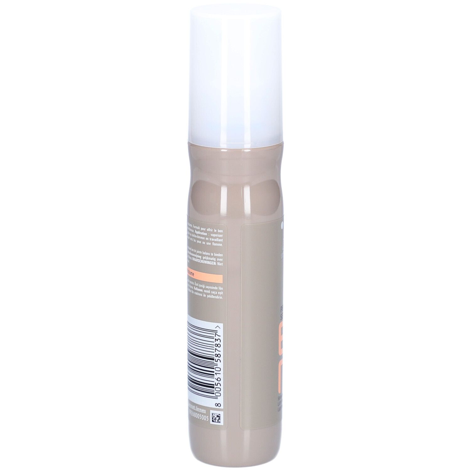 Flacone spray per capelli. Retro con testo e codice a barre. Flacone beige-marrone con tappo bianco.