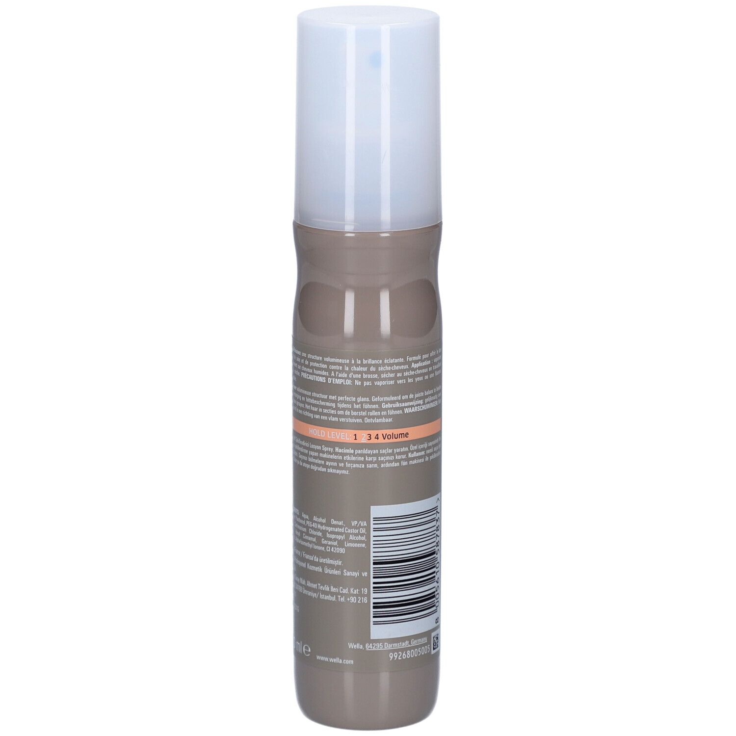 Flacone spray per capelli. Retro con testo e codice a barre. Flacone beige-marrone con tappo bianco.