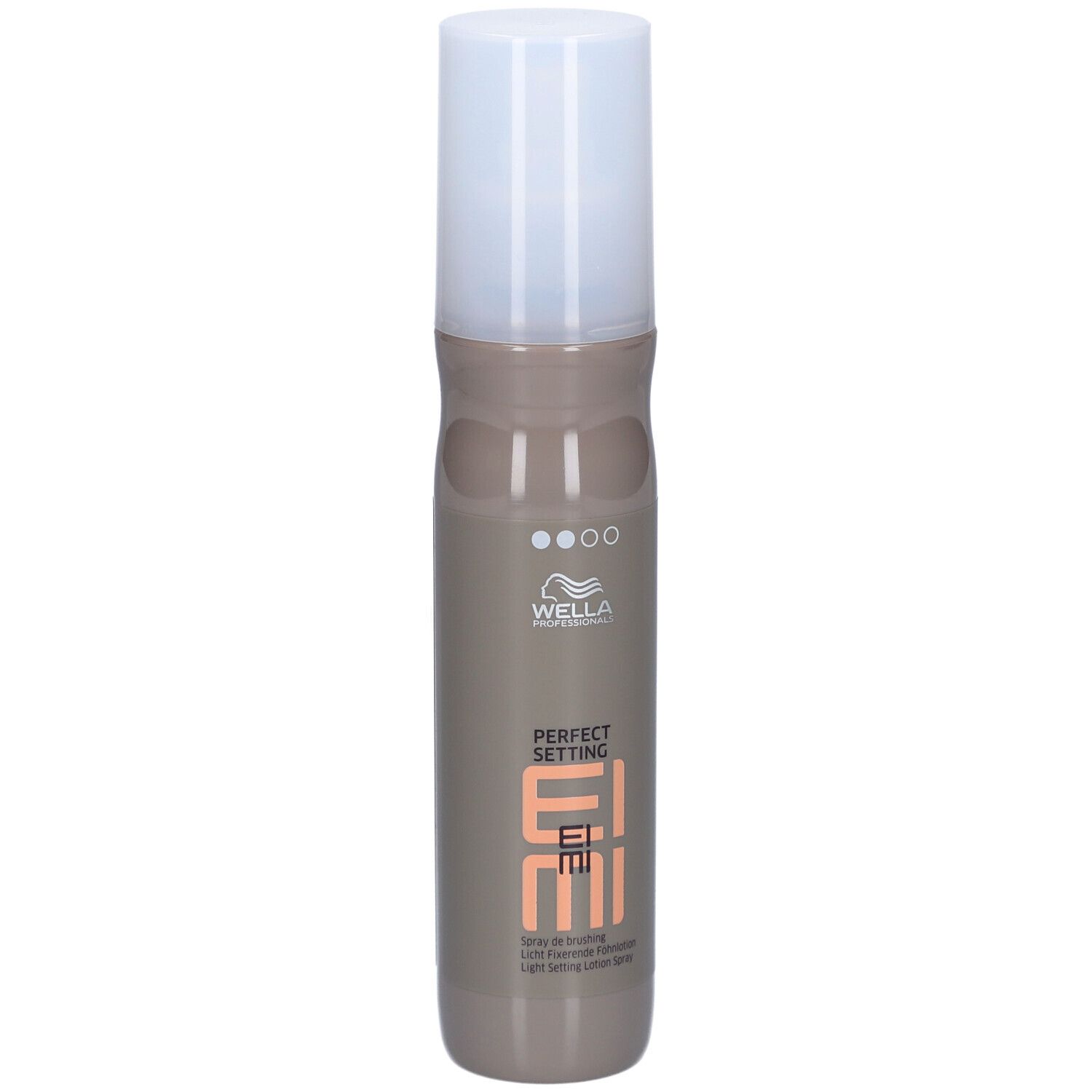 Flacone spray per capelli. Flacone beige-marrone con tappo bianco. Scritte: Wella, EIMI, Perfect Setting.