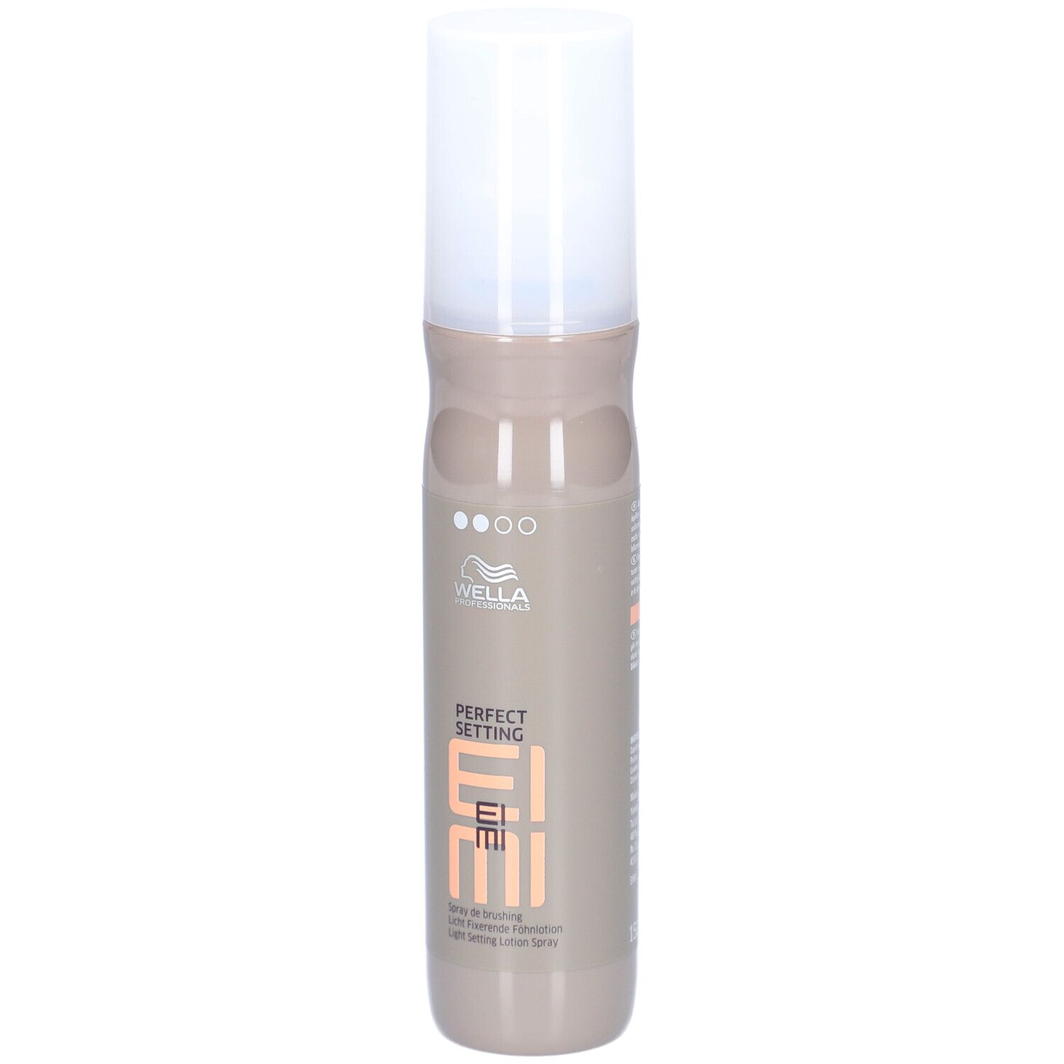 Flacone spray per capelli. Flacone beige-marrone con tappo bianco. Scritte: Wella, EIMI, Perfect Setting.