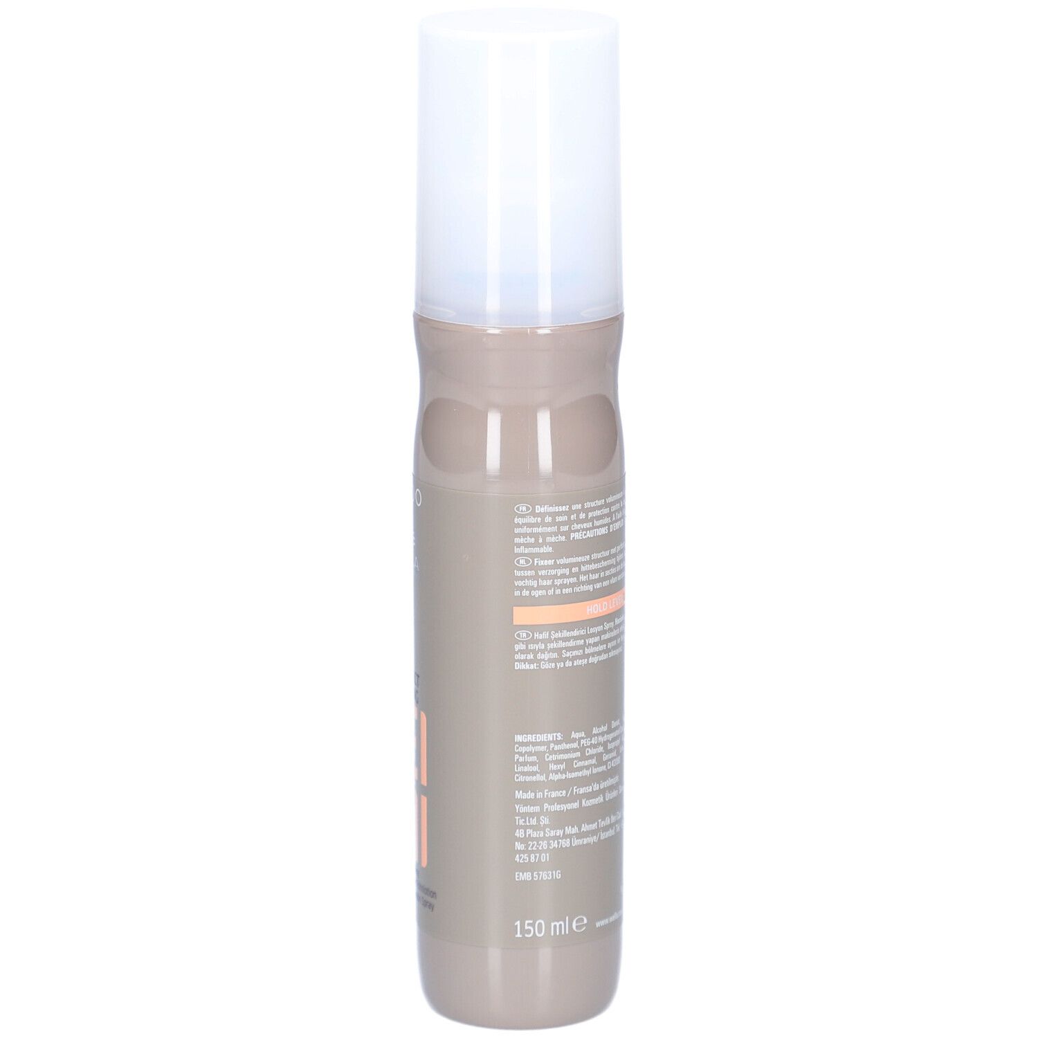 Flacone spray per capelli. Retro con testo, codice a barre e 150 ml. Flacone beige-marrone con tappo bianco.