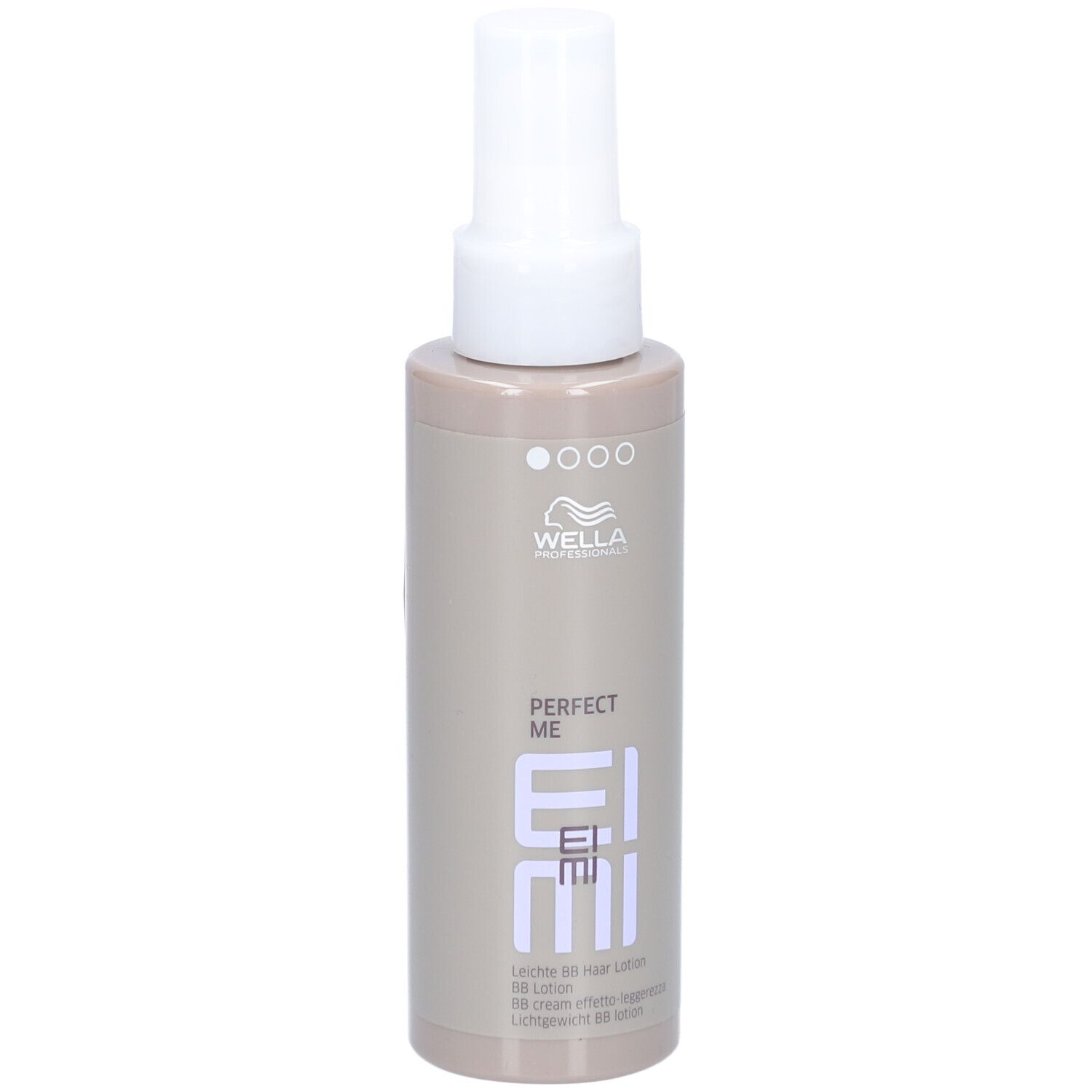 Wella EIMI Perfect Me Hair Lotion. Flacone beige con erogatore bianco. Logo e nome del prodotto.