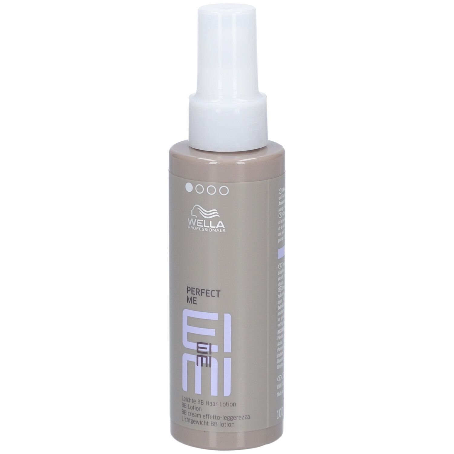 Wella EIMI Perfect Me Hair Lotion. Flacone beige con erogatore bianco. Logo e nome del prodotto.