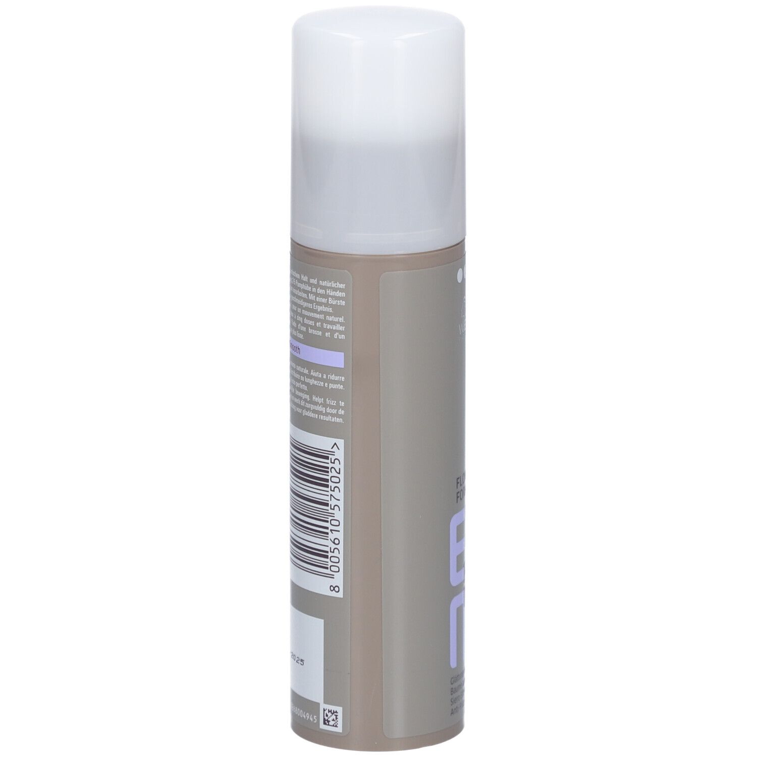 Retro del flacone. Testo e codice a barre. Marchio: Wella Professionals. Prodotto: EIMI Flowing Form.