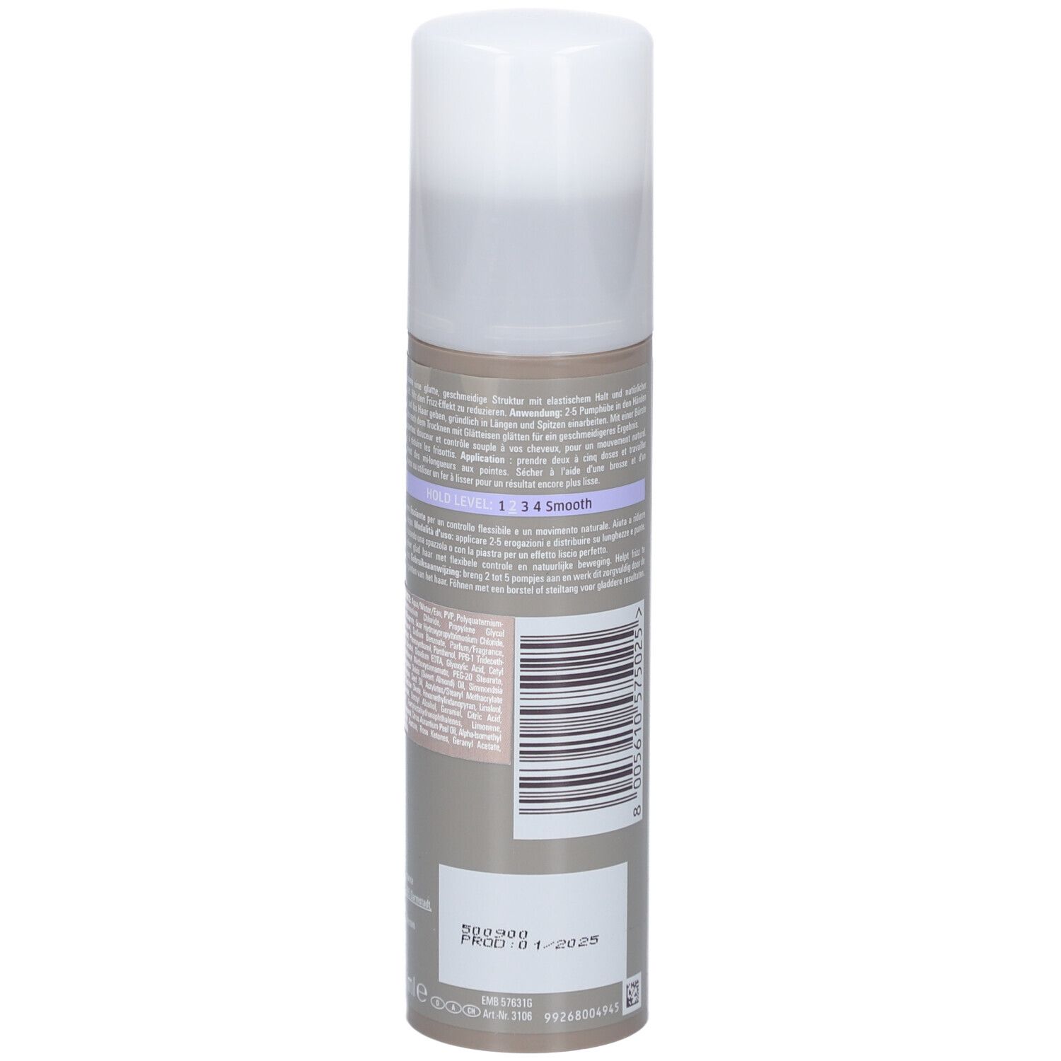 Retro del flacone. Testo e codice a barre. Marchio: Wella Professionals. Prodotto: EIMI Flowing Form.